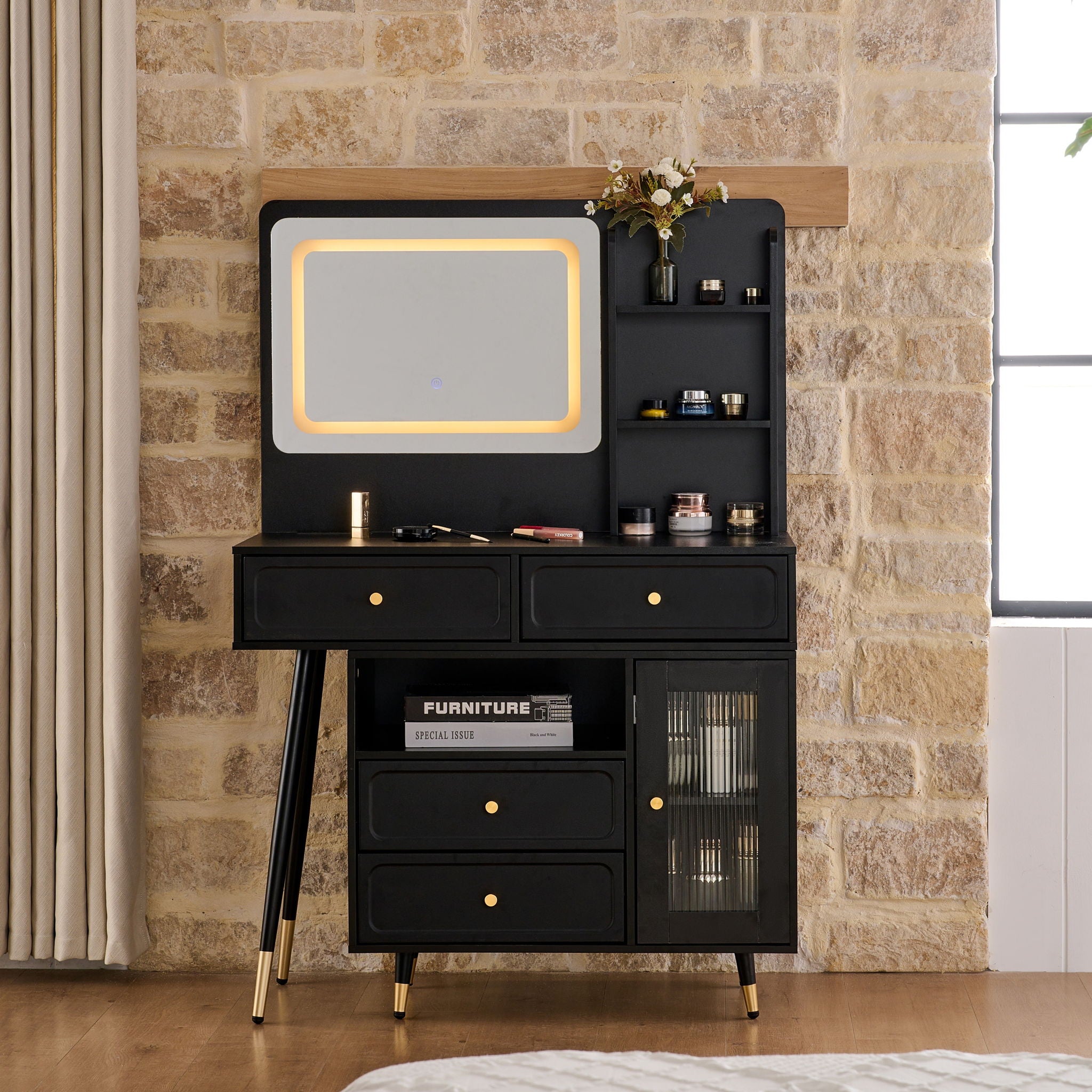 Modern Makeup Vanity Desk With Mirror And Lights Retractable Design Engineered Wood - Black - Best Buy Furniture