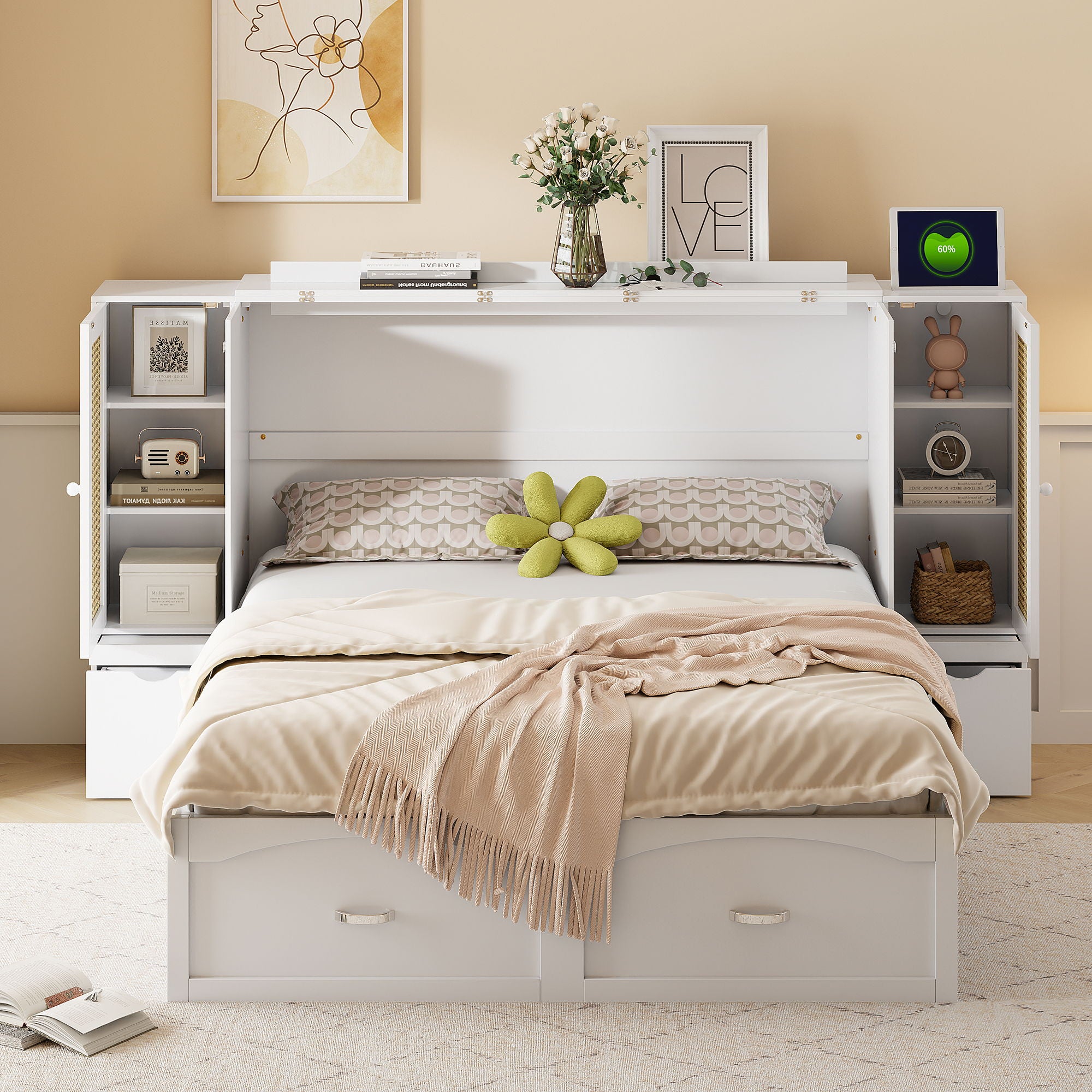 Murphy Wall Bed With Drawer And Rattan Decoration