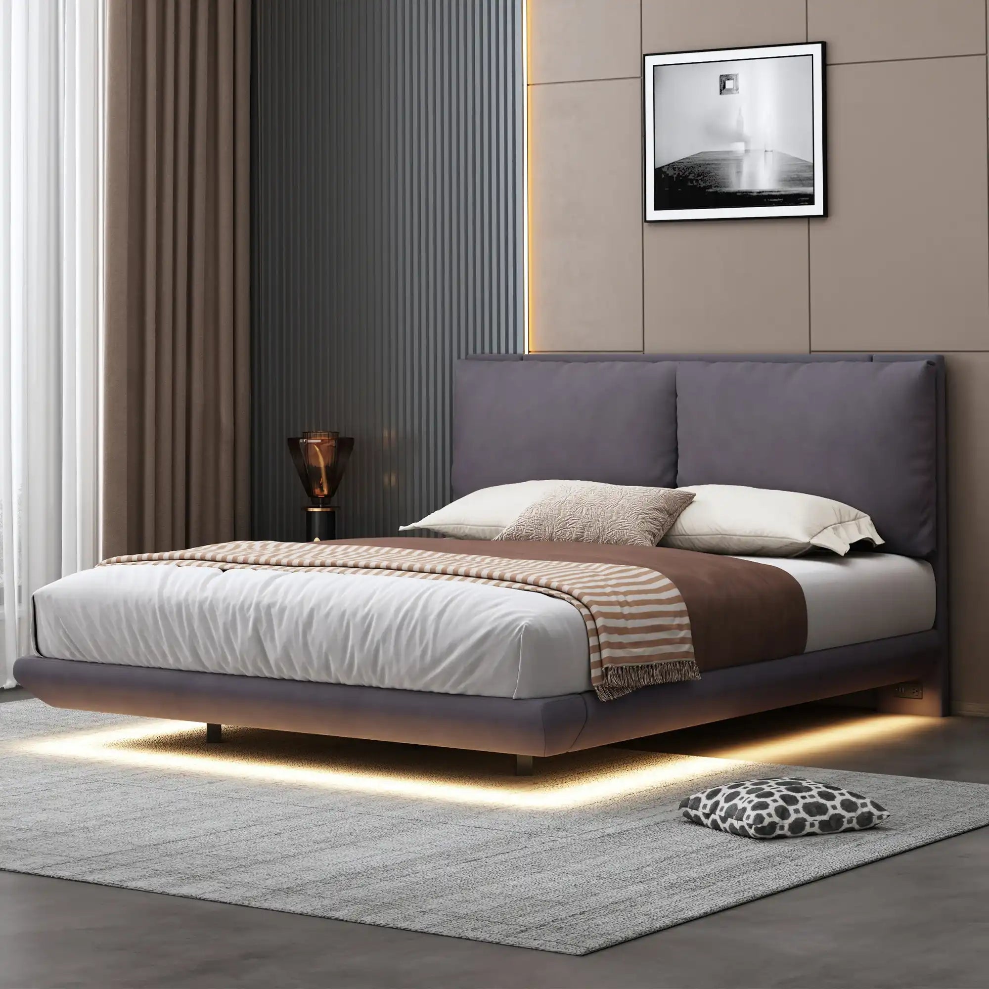 Queen Size Upholstered Platform Bed with Sensor Light and 2 Large Backrests, Stylish Platform Bed with 2 sets of USB Port and Socket on each rear Bed Leg, Gray