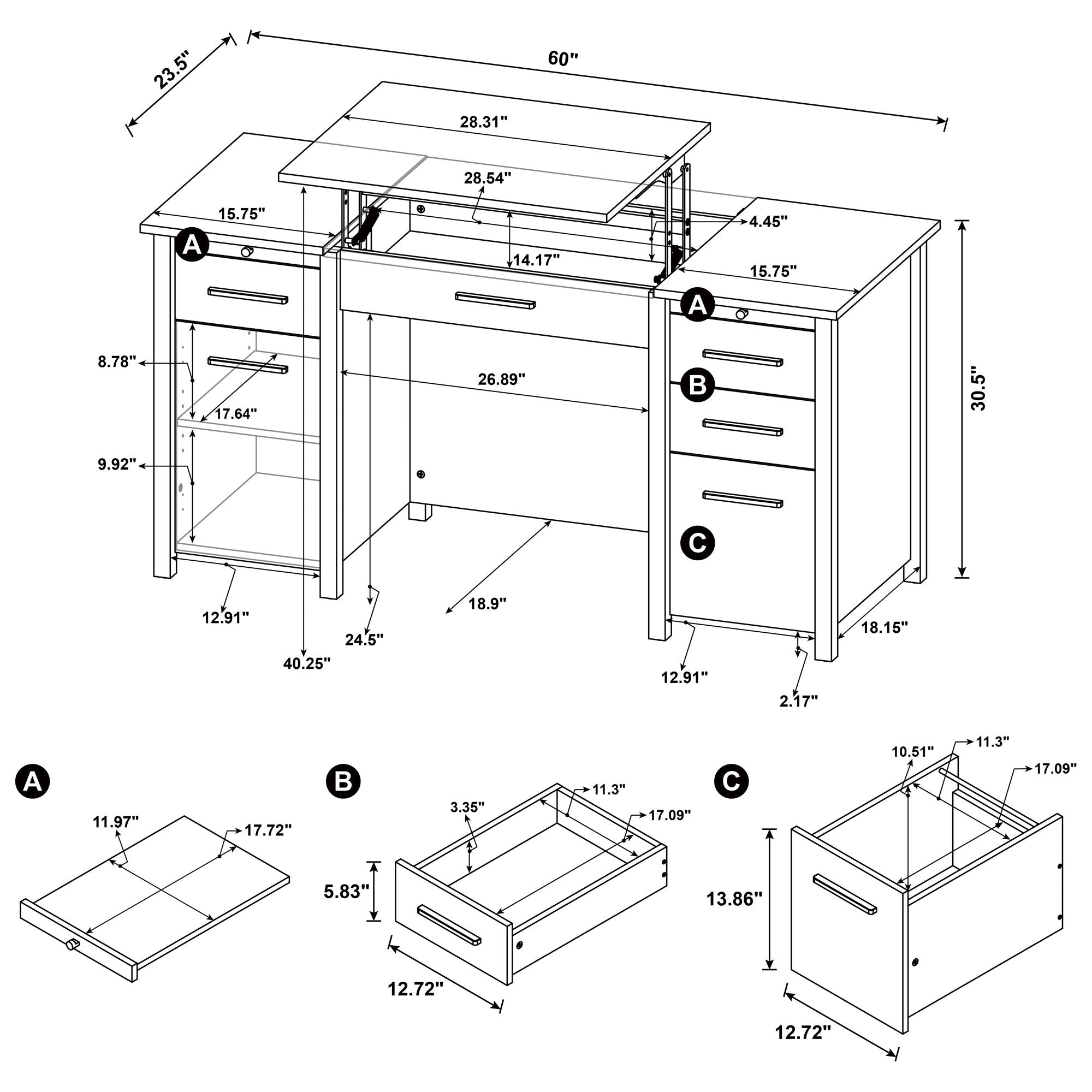 Rayna - 4 Drawer Office Desk With Lift-Top
