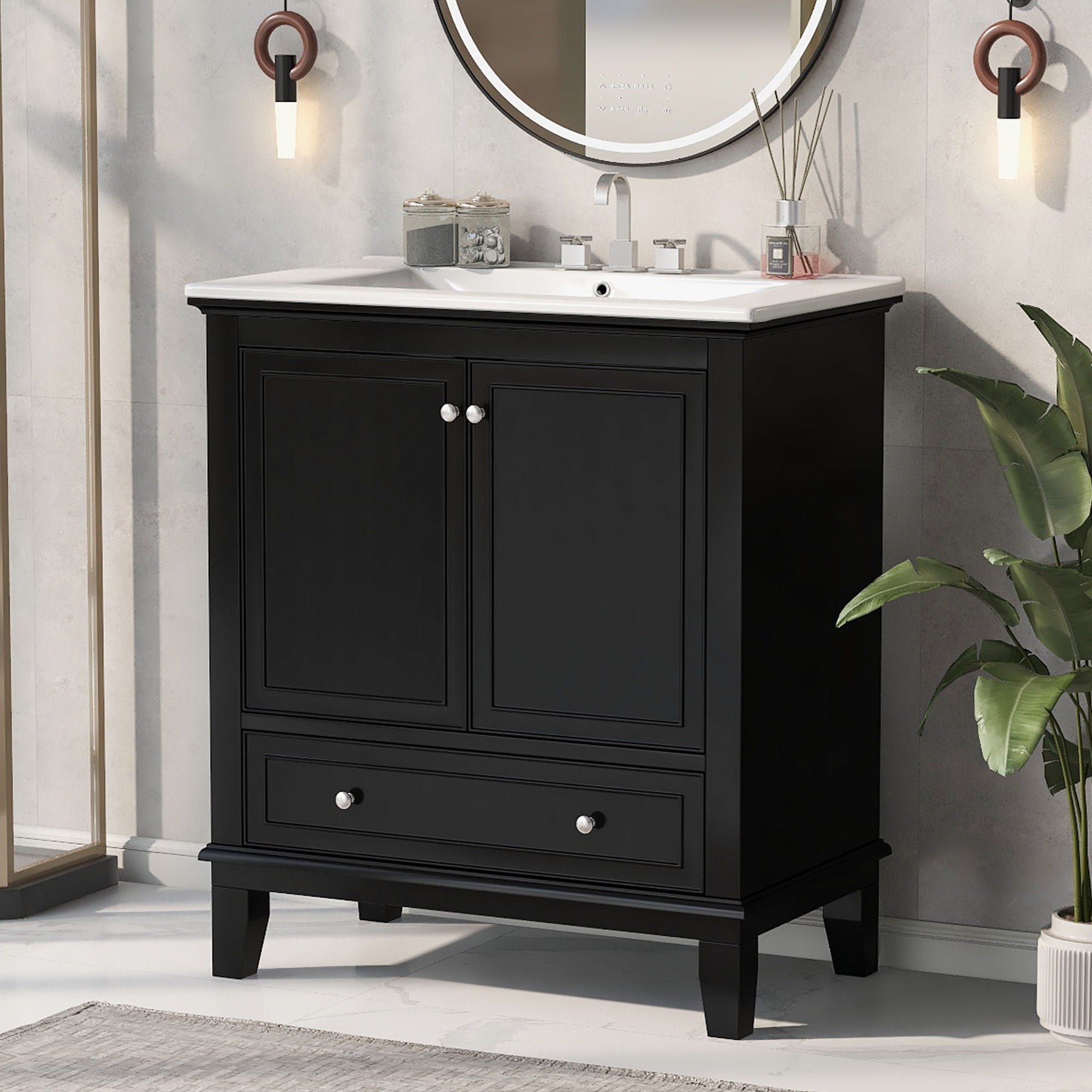 30" Bathroom Vanity With Sink Combo, Multi Functional Bathroom Cabinet With Doors And Drawer - Black