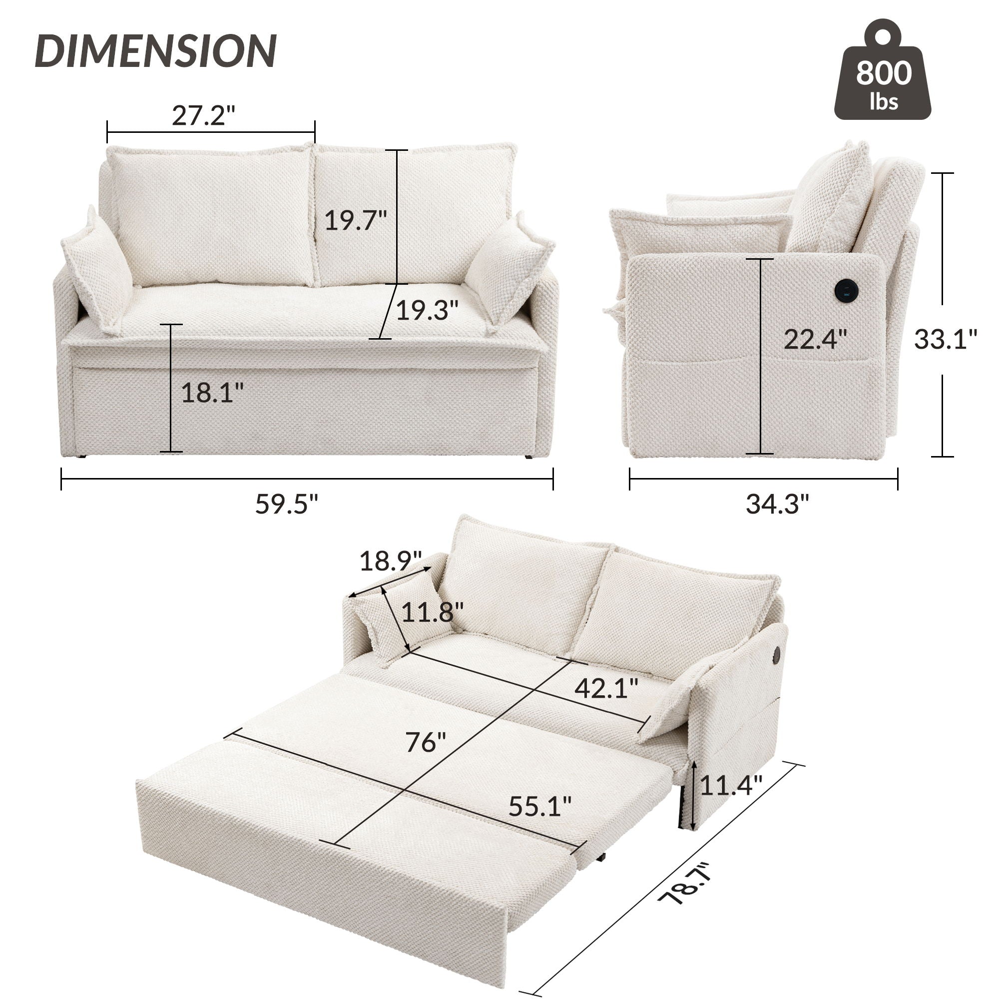 Pull Out Sofa Bed, Convertible Sleeper Sofa Couch, Side Storage, And USB / C - Type Charging Ports Chair