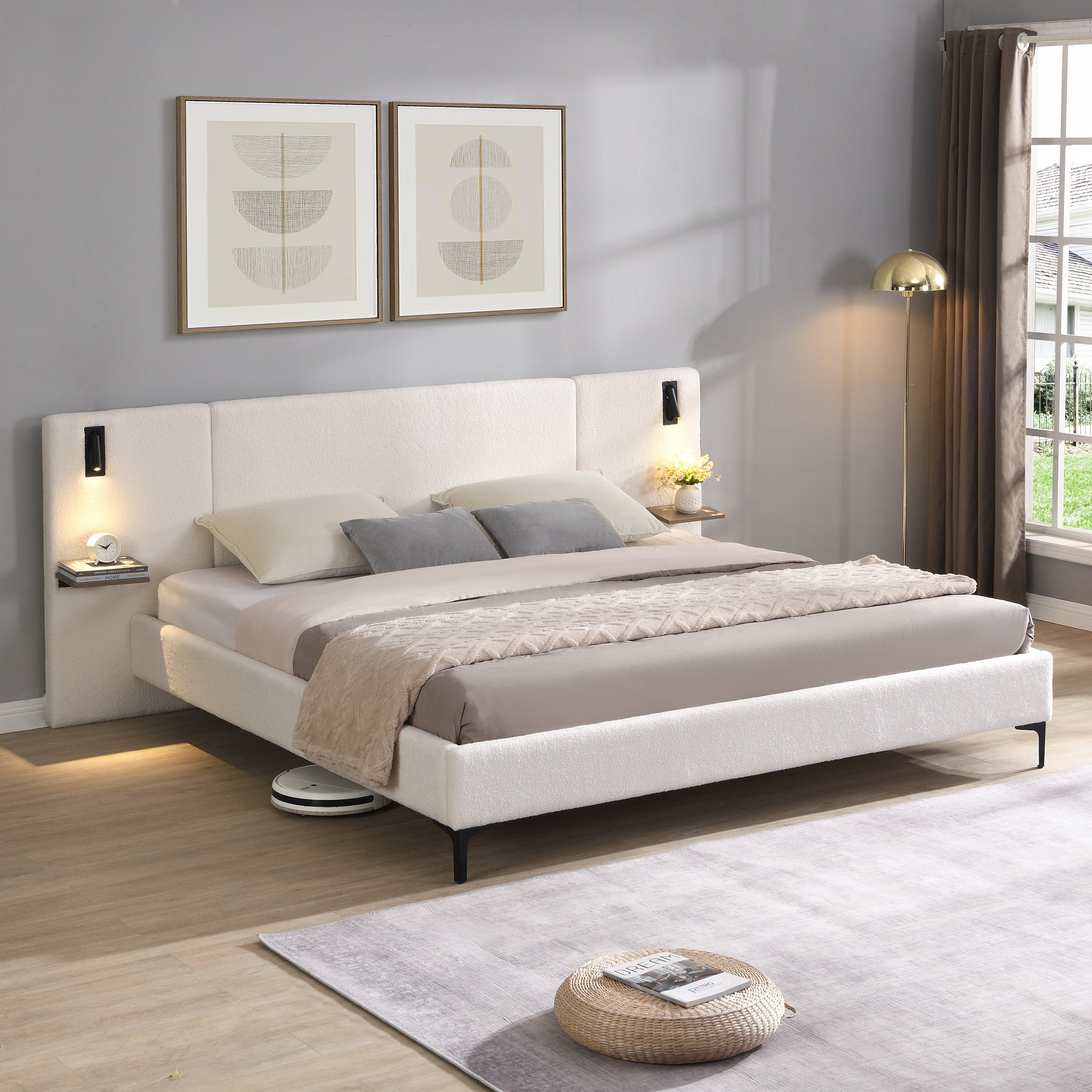 Chic Boucle Upholstered Bed with Integrated Lights and Shelves, White, King - Best Buy Furniture