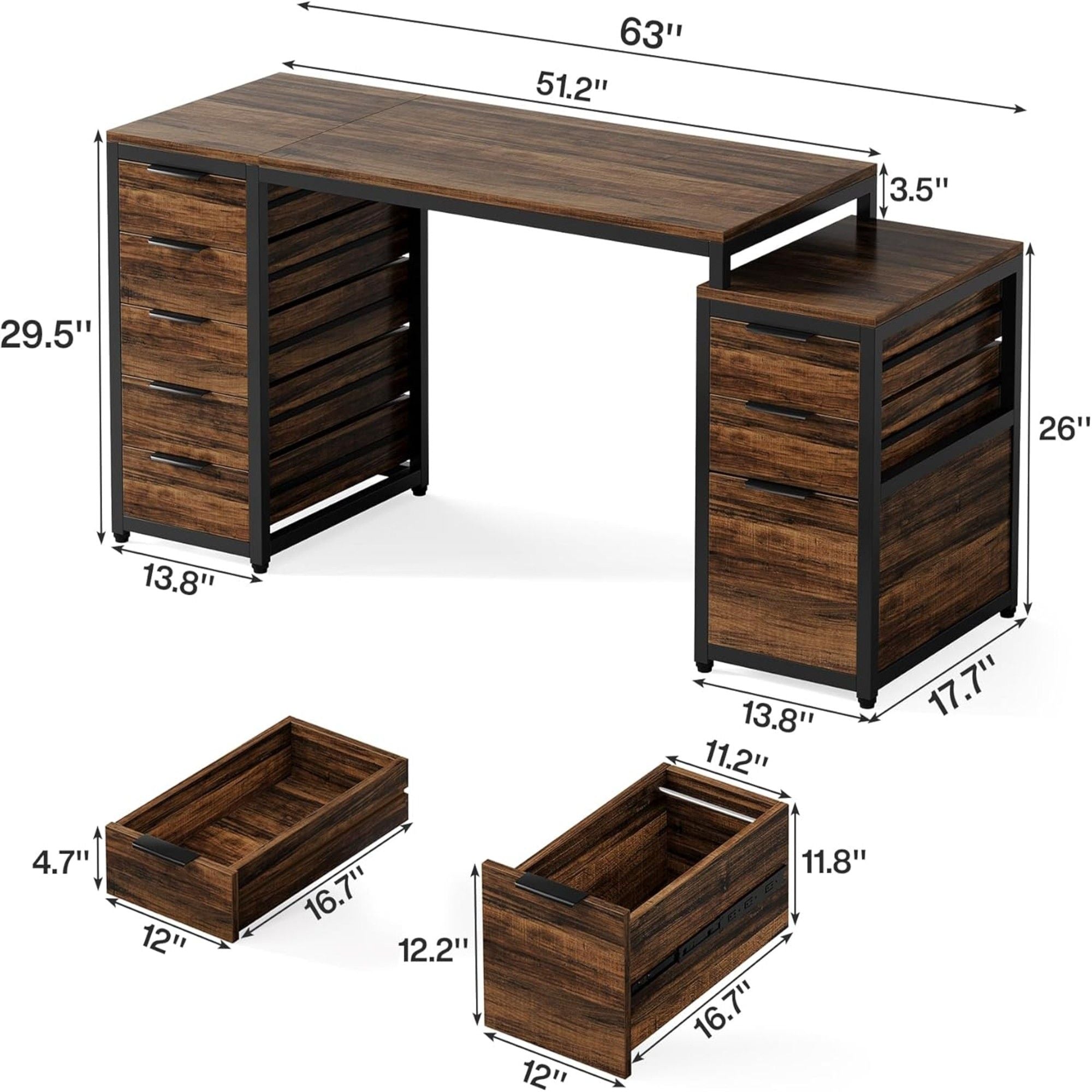 Computer Desk With 8 Drawers And Reversible File Cabinet, Workstation For Home Office - Brown / Black