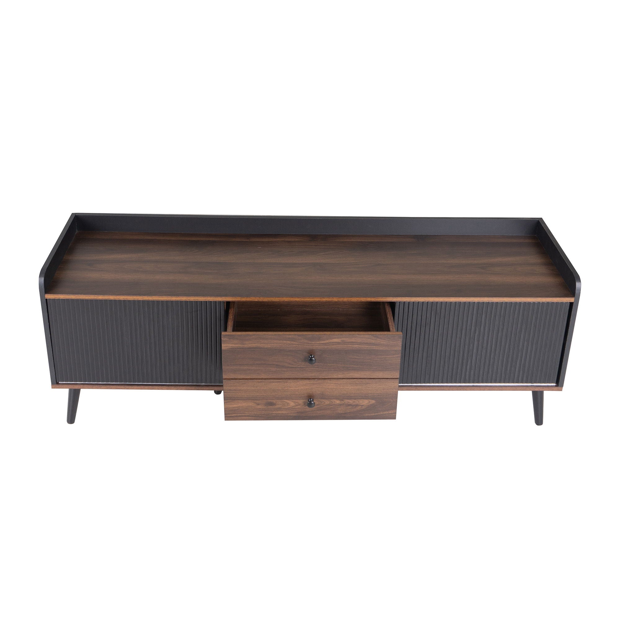 Mid Century TV Stand With 2 Cabinets & Open Compartments, Entertainment Center For Tvs Up To 70'', Television Console For Living Room - Dark Coffee / Black