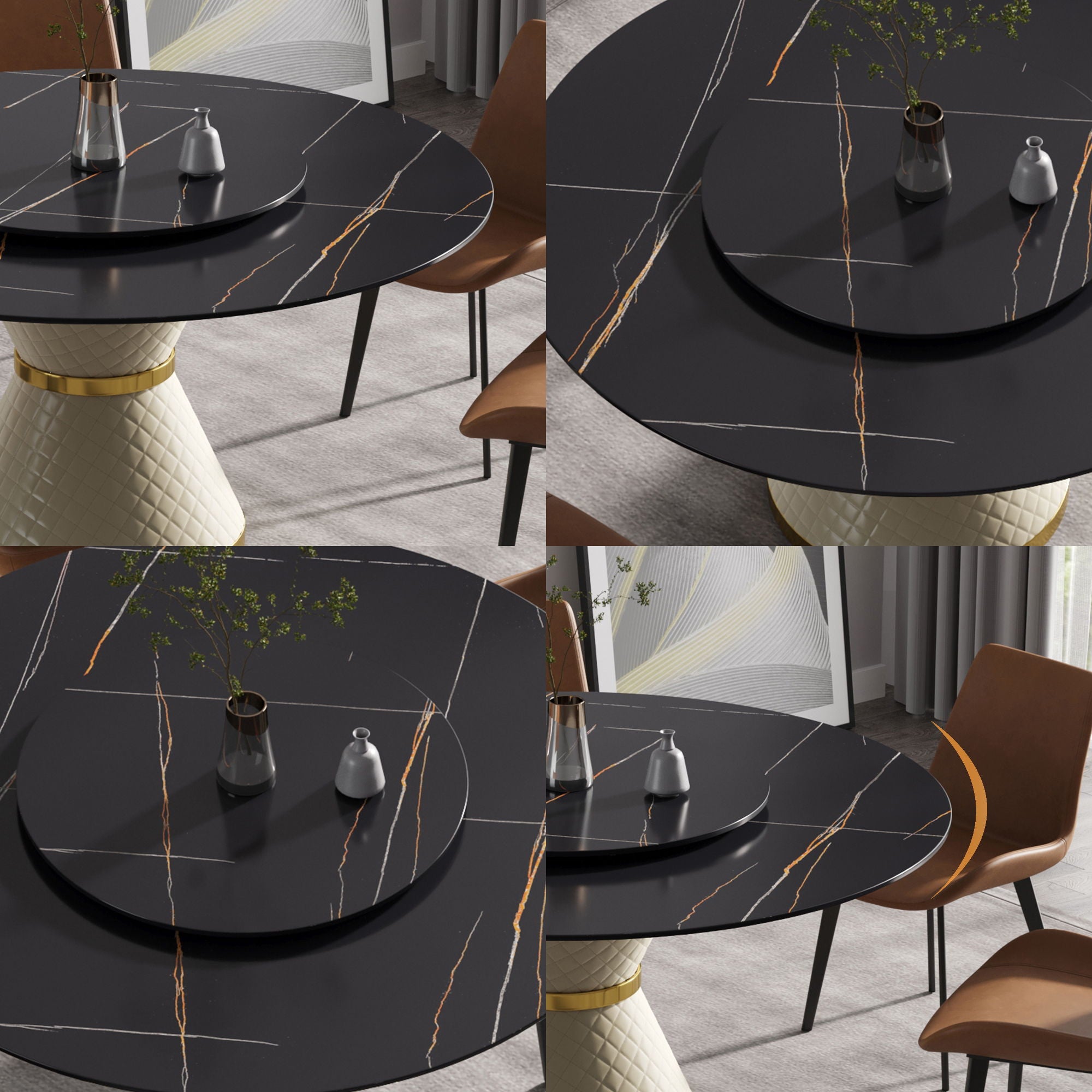 59.05" Modern Artificial Stone Round Carbon Steel Base Dining Table, Can Accommodate 6 People, Artificial Stone Turntable - White / Black - Best Buy Furniture
