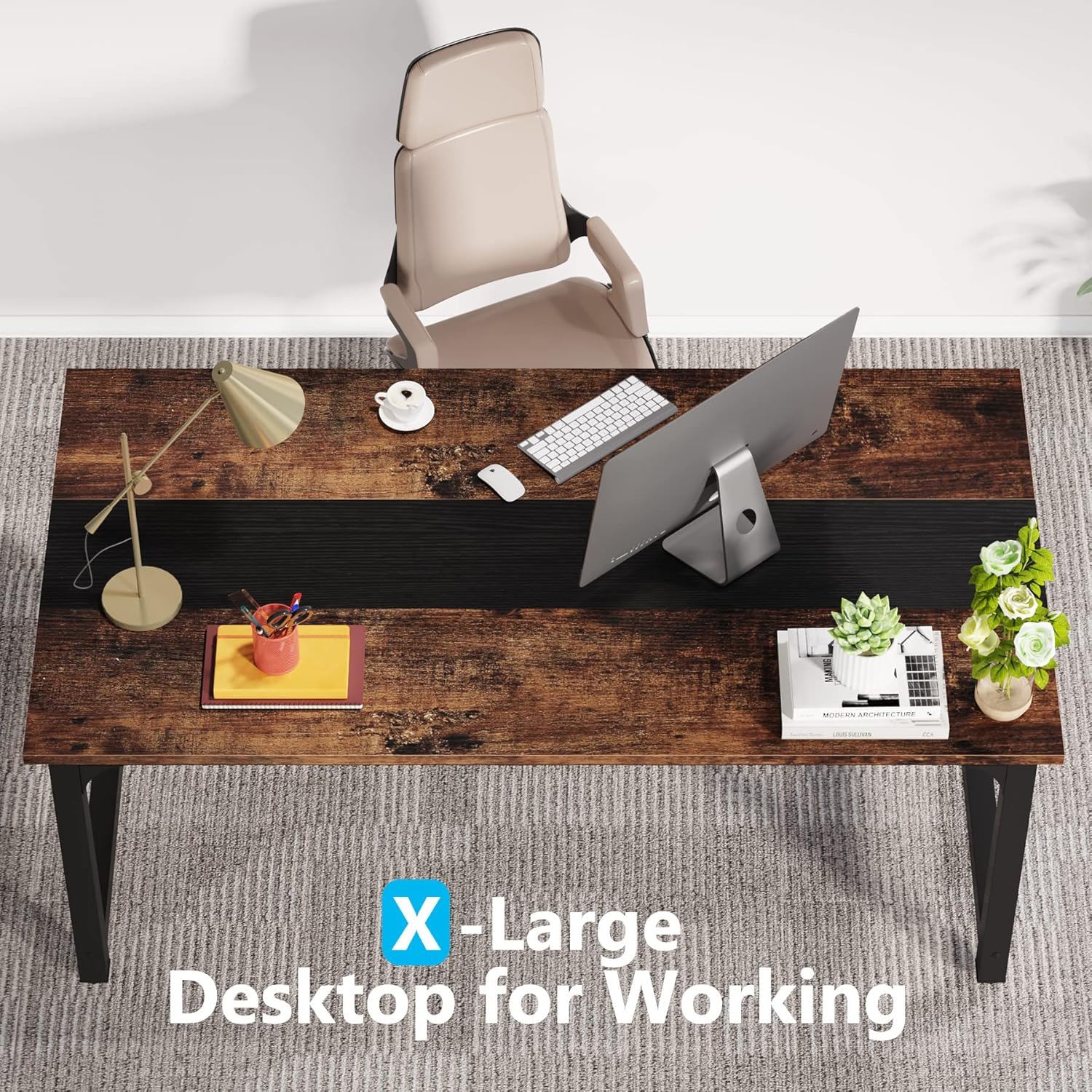 Large Computer Desk With Steel Frame For Home Office Workstation