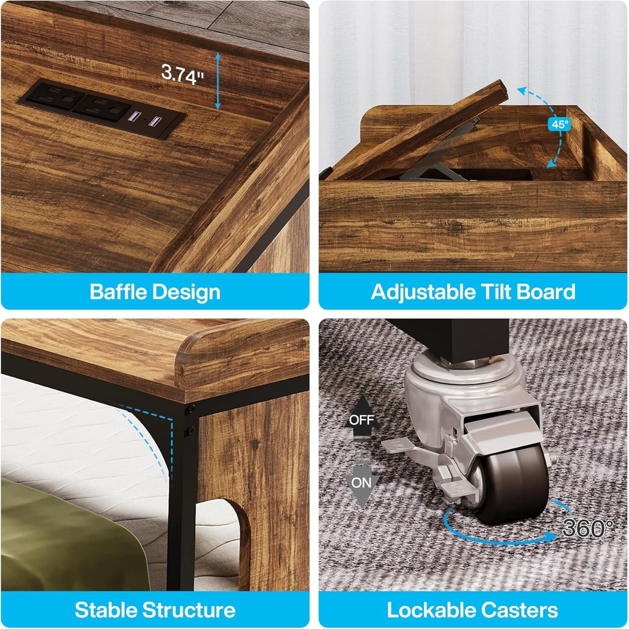 Height Adjustable Overbed Table With Wheels, Queen Size Mobile Laptop Desk, Rolling Computer Cart With Tiltable Stand And Built In Outlets & USB Ports - Rustic Brown