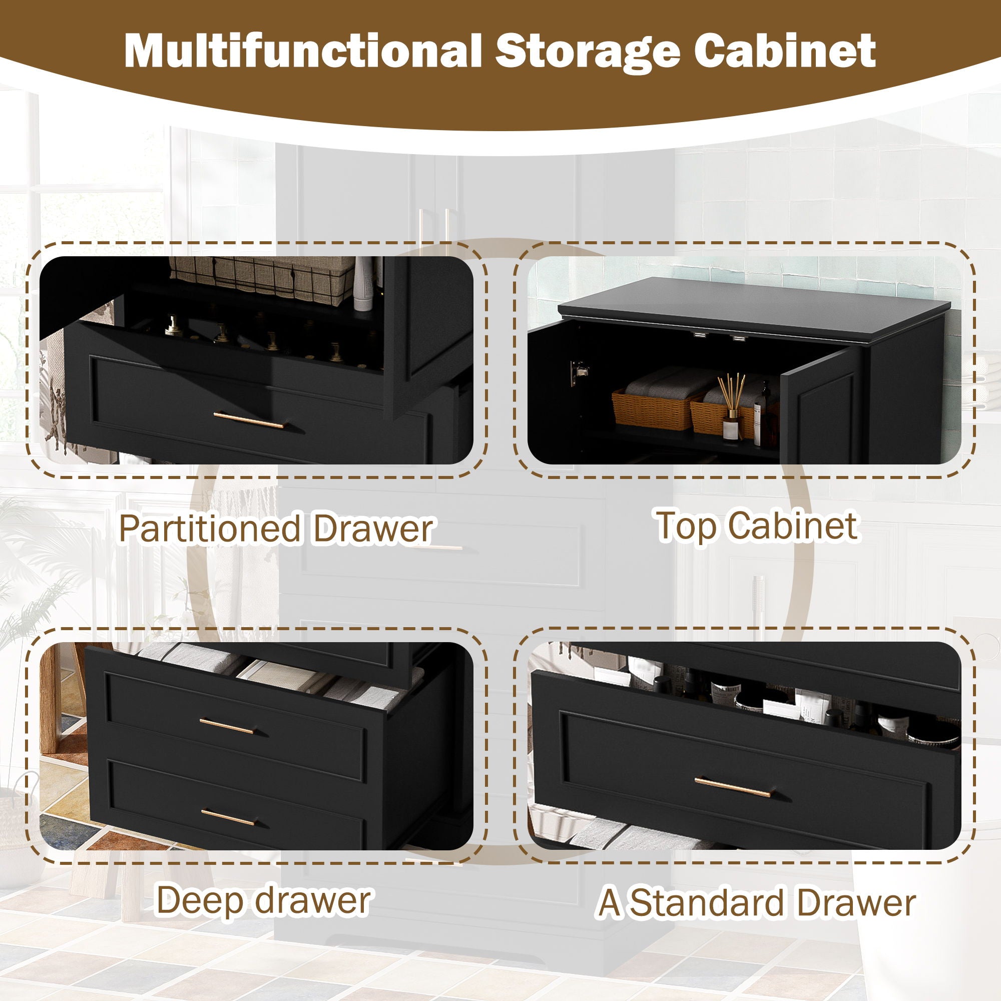 Freestanding Bathroom Cabinet With 3 Drawers, Adjustable Shelf, Soft Close Doors