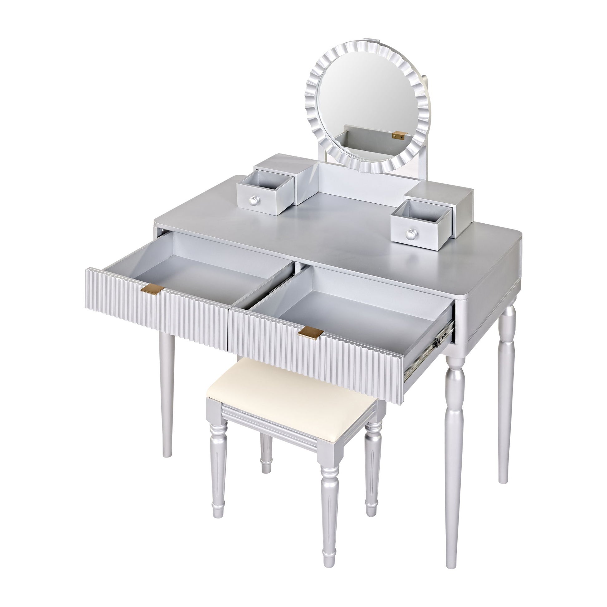Luxury Vanity Desk With Round Mirror Height Adjustable Dressing Table Set Engineered Wood - Silver - Best Buy Furniture