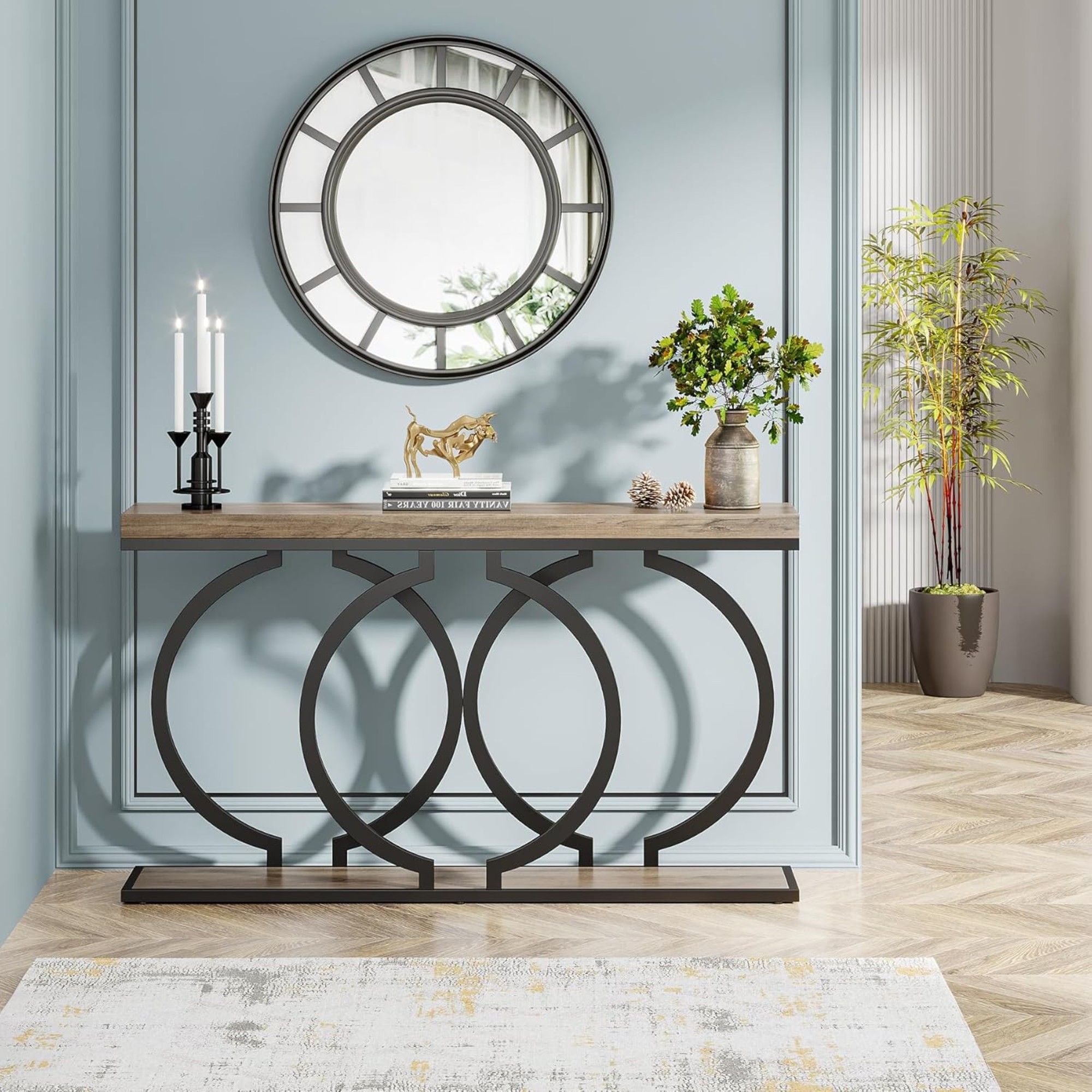 Console Table Narrow Long With Geometric Frame - Gray