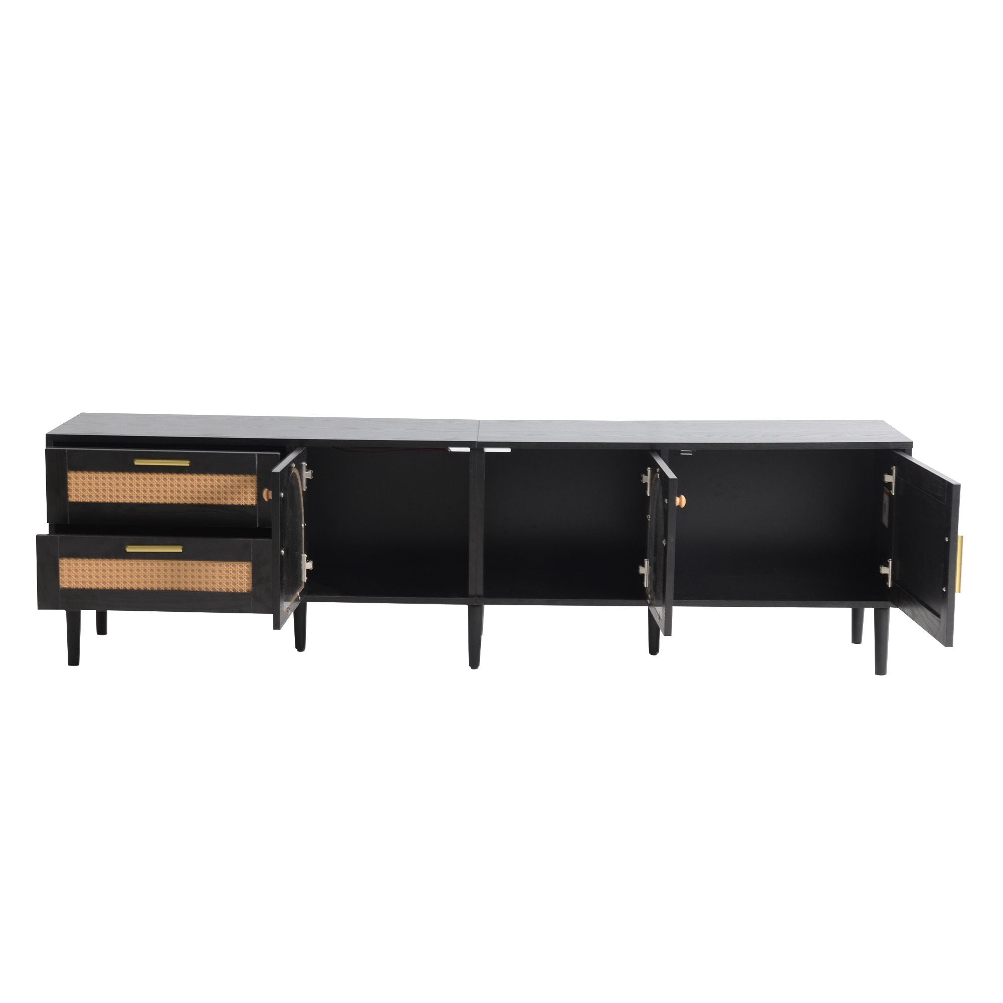 Rattan TV Stand With 3 Cabinets & 2 Drawers, Rattan-Inspired Media Console Table For Tvs Up To 80'', LED Light Entertainment Center, TV Cabinet For Living Room - Black