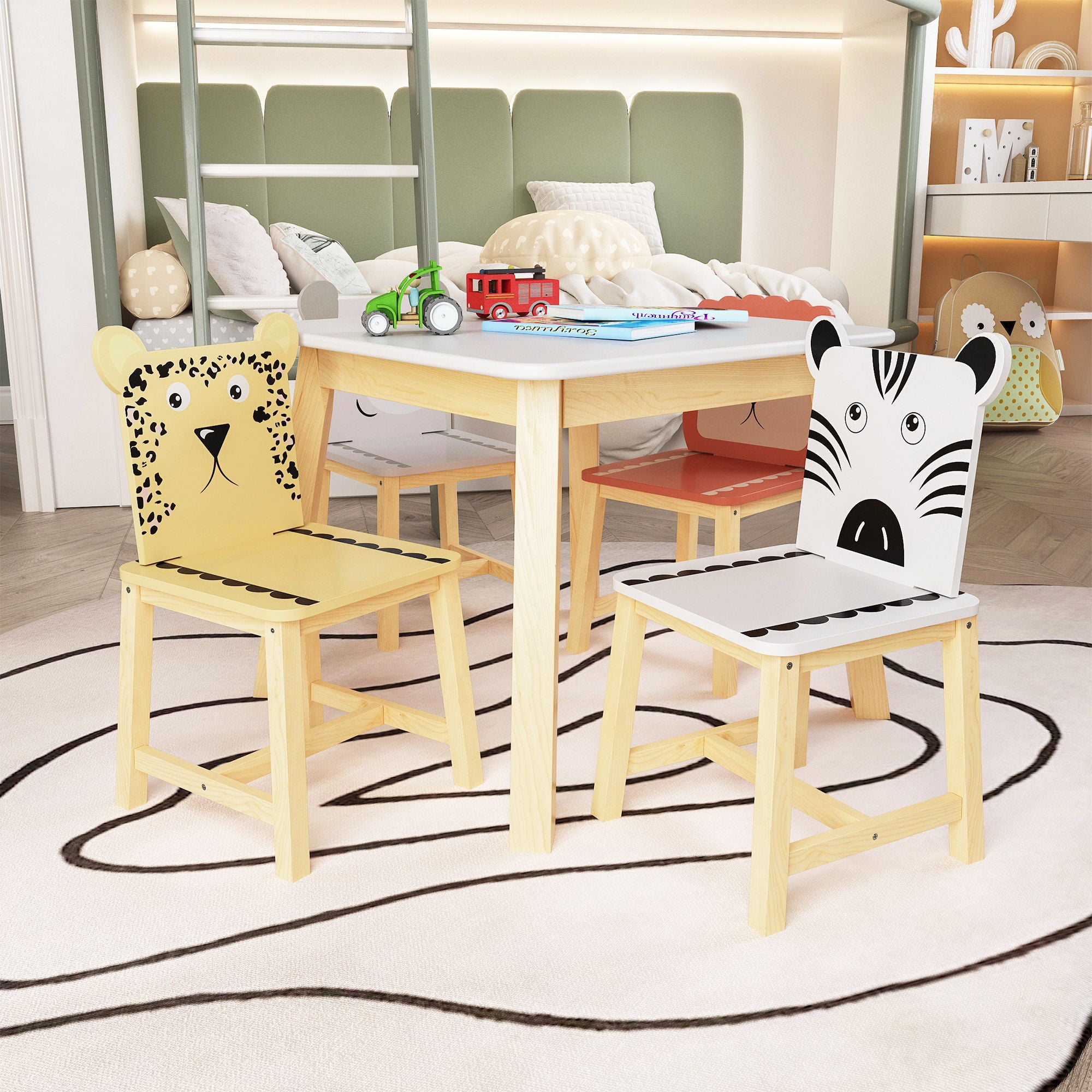 Kids Table And Chair Set With Cartoon Animals Design - White