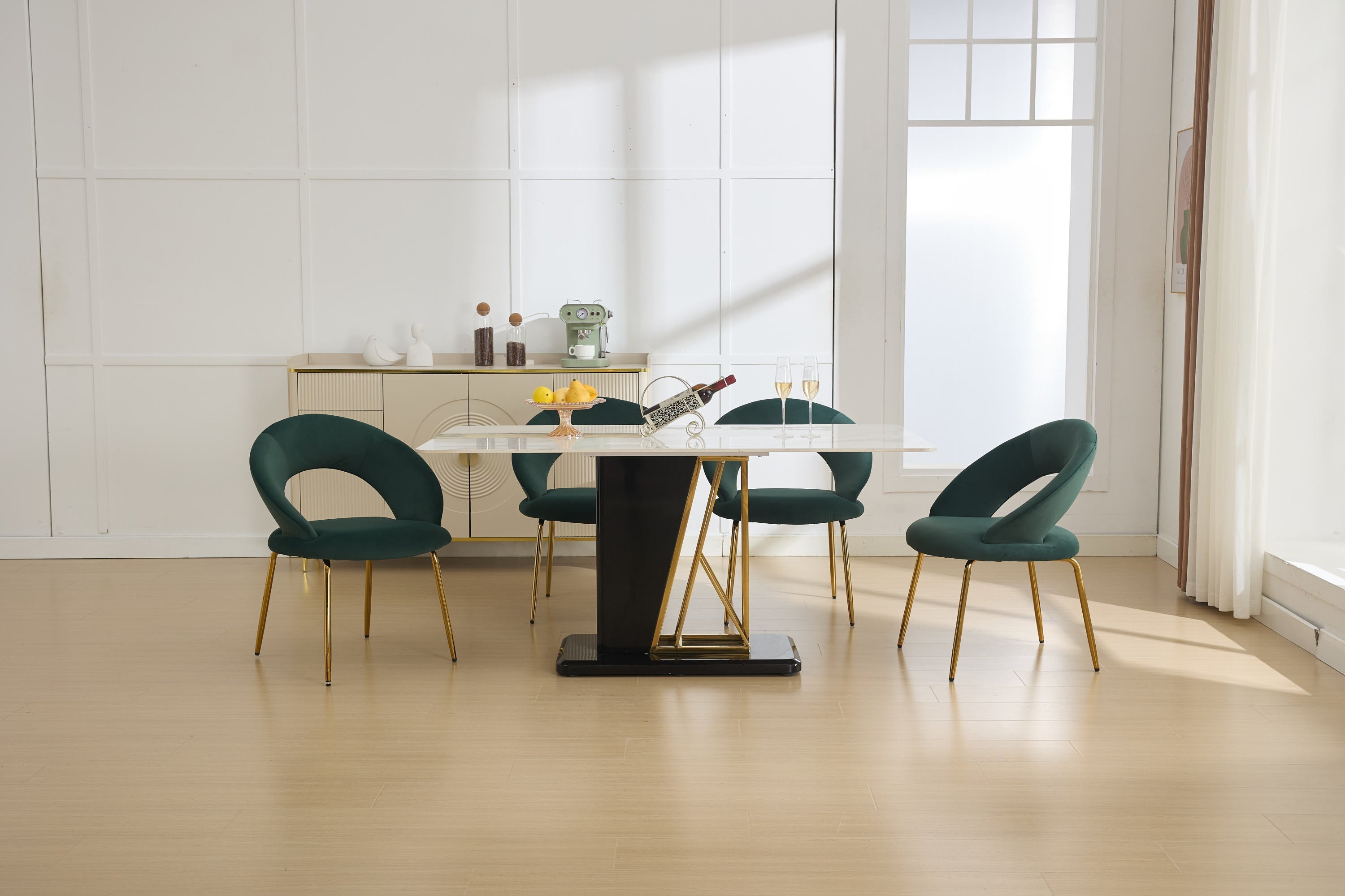 Velvet Fabric Dining Chair with Curved Backrest and Golden Metal Legs