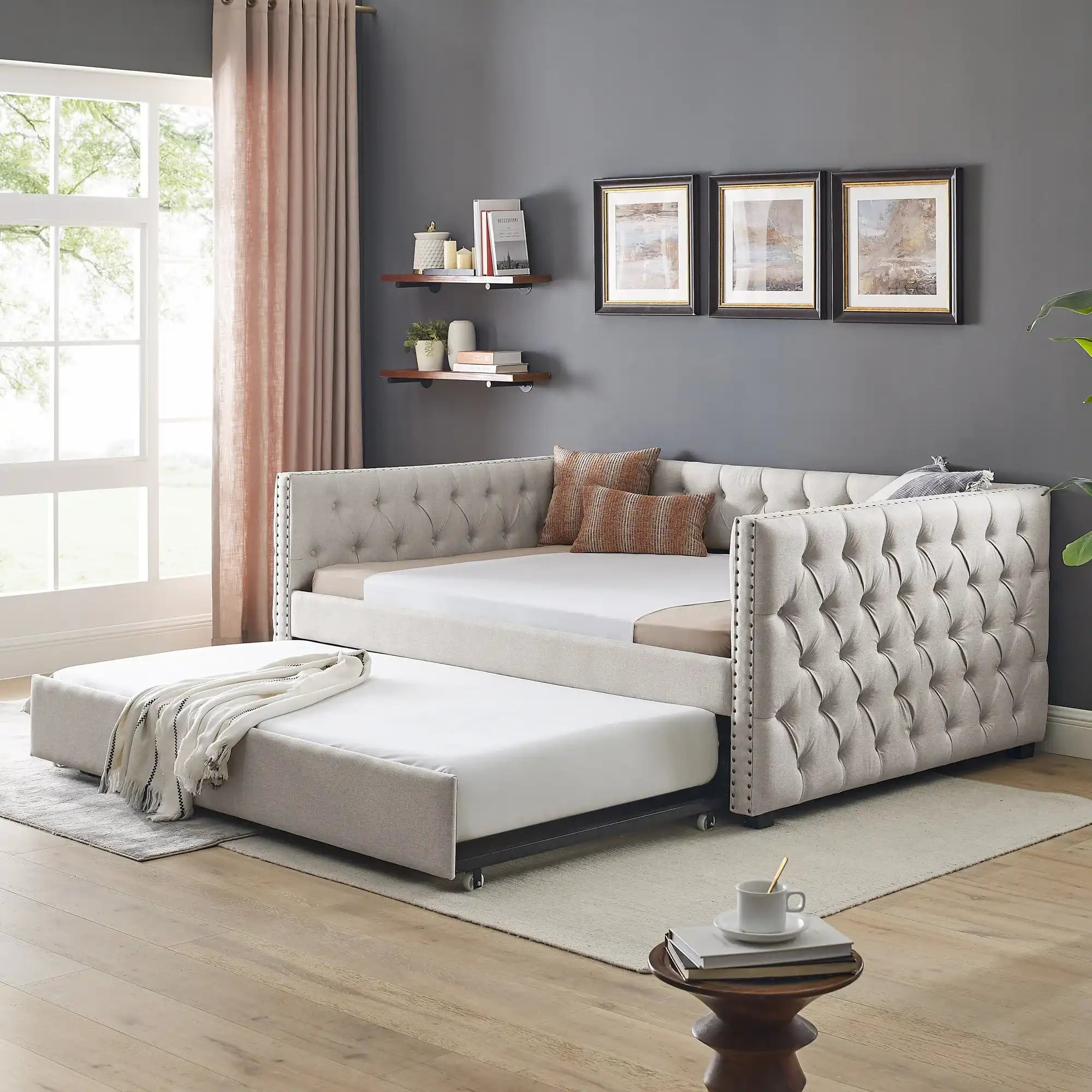 Tufted Upholstered Daybed with Twin Trundle, Beige