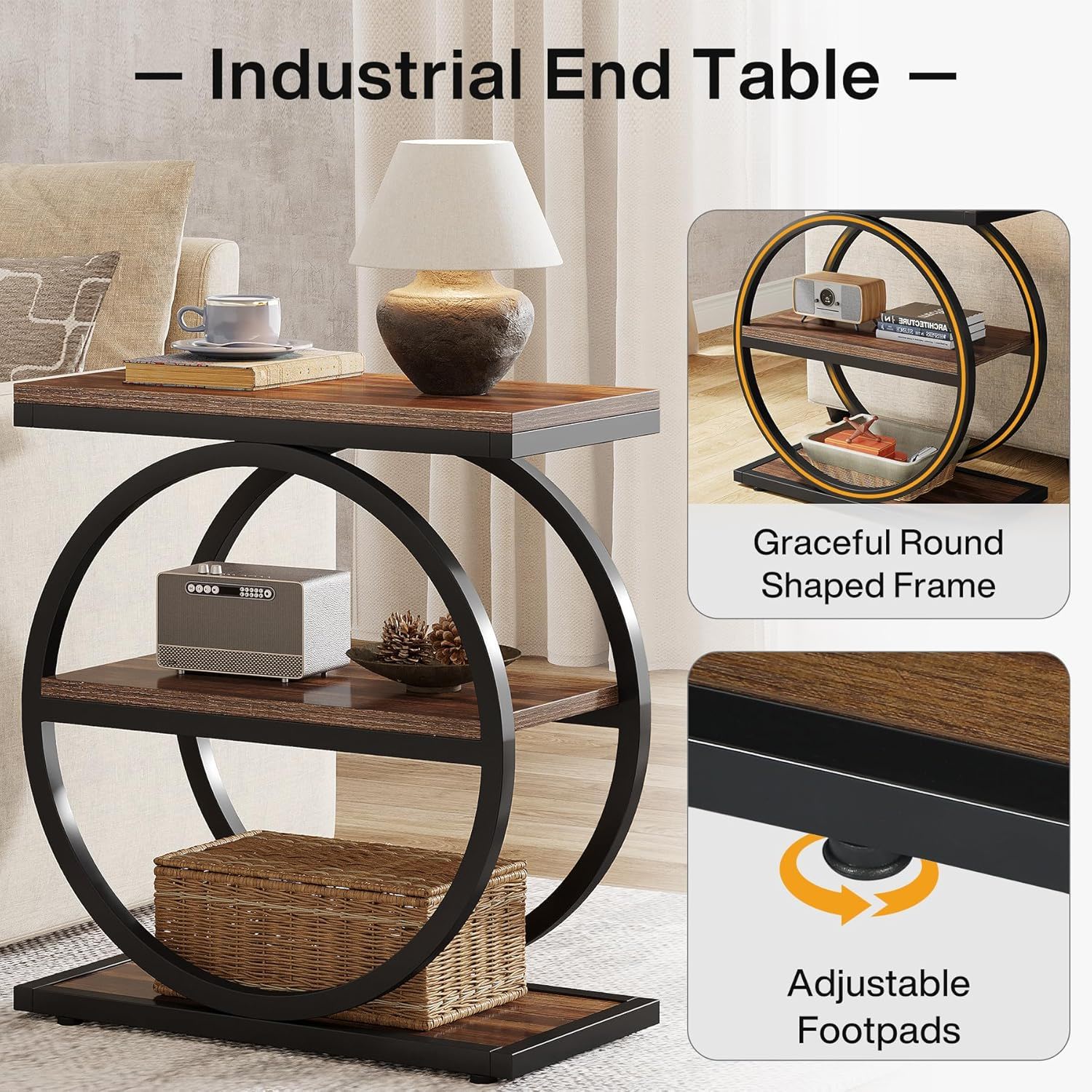 Industrial Narrow End Table With 3 Shelves