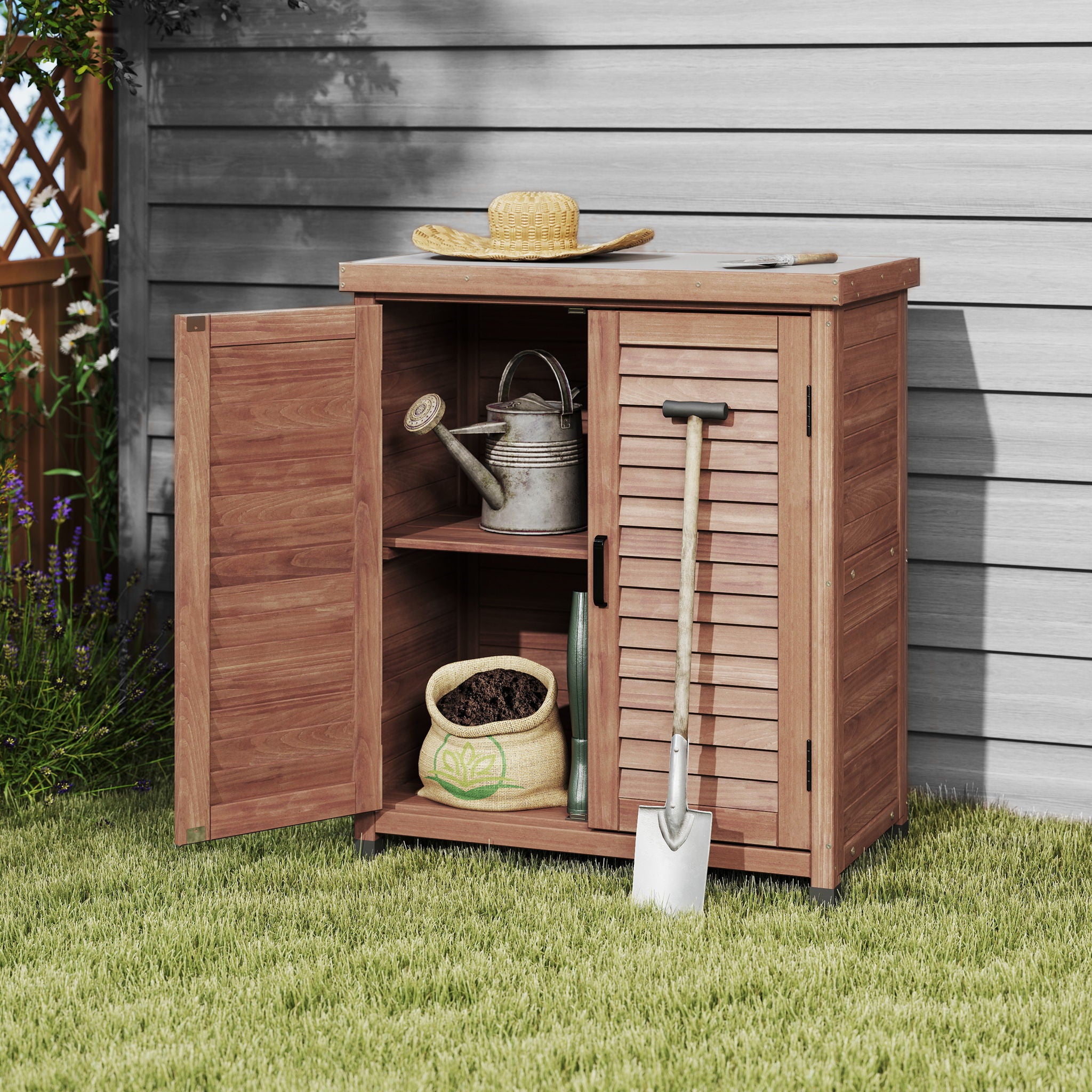 Potting Bench With Storage Cabinet And Metal Table Top For Outdoor - Best Buy Furniture