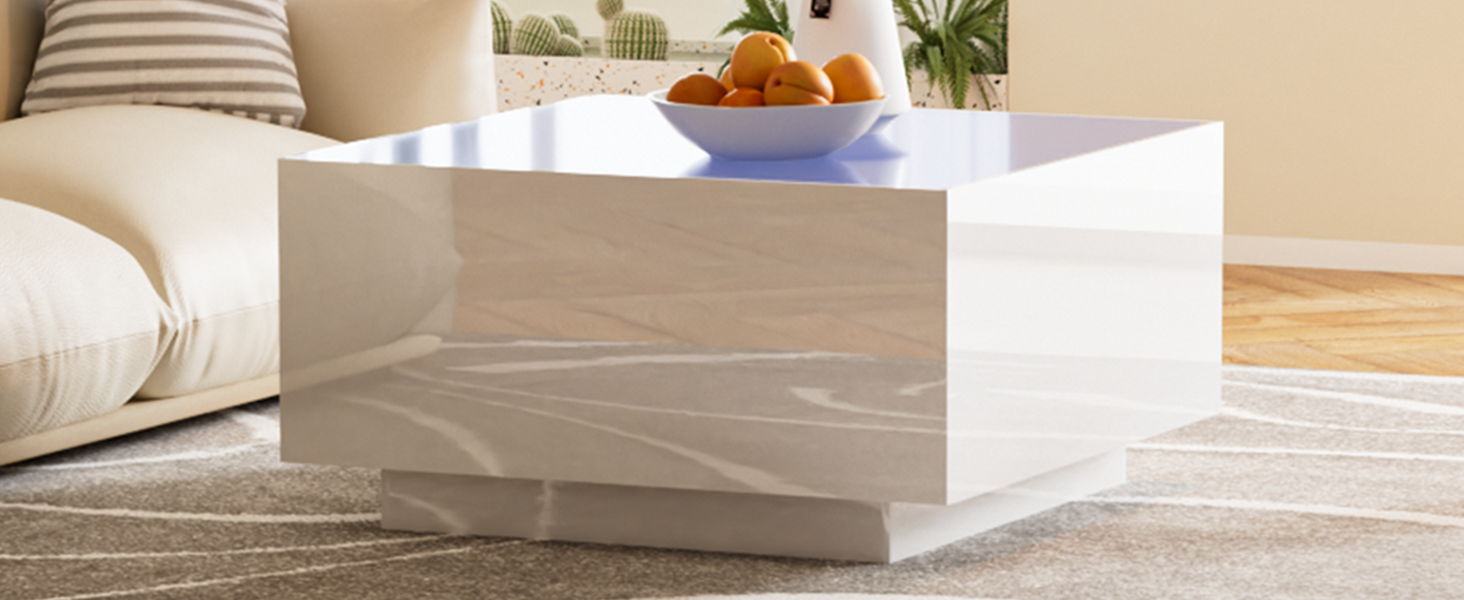 Square High Glossy Coffee Table With 16 Color Led Strip Lights, Modern Center Table With 5Mm Frosted Tempered Glass Top For Living Room - Best Buy Furniture