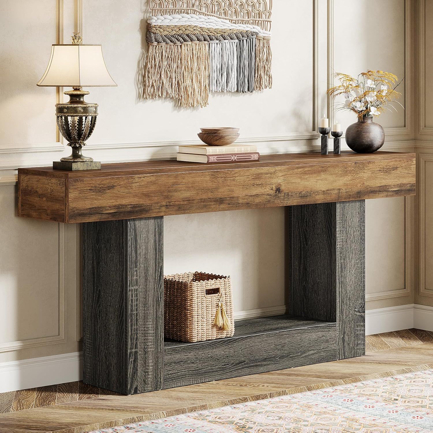 Console Table With 2 Tier Storage, U Shaped Base