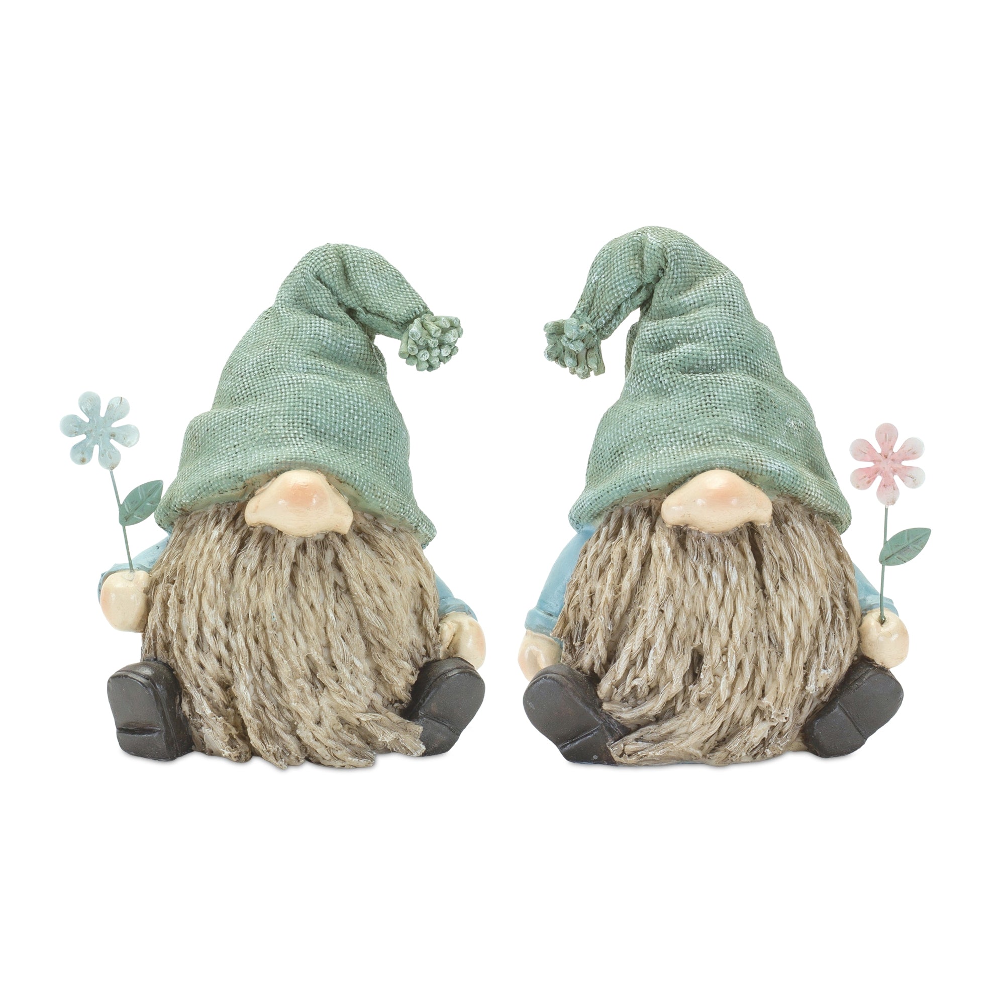 Stone Garden Gnome Figurine with Flower Stem Accent (Set of 4)