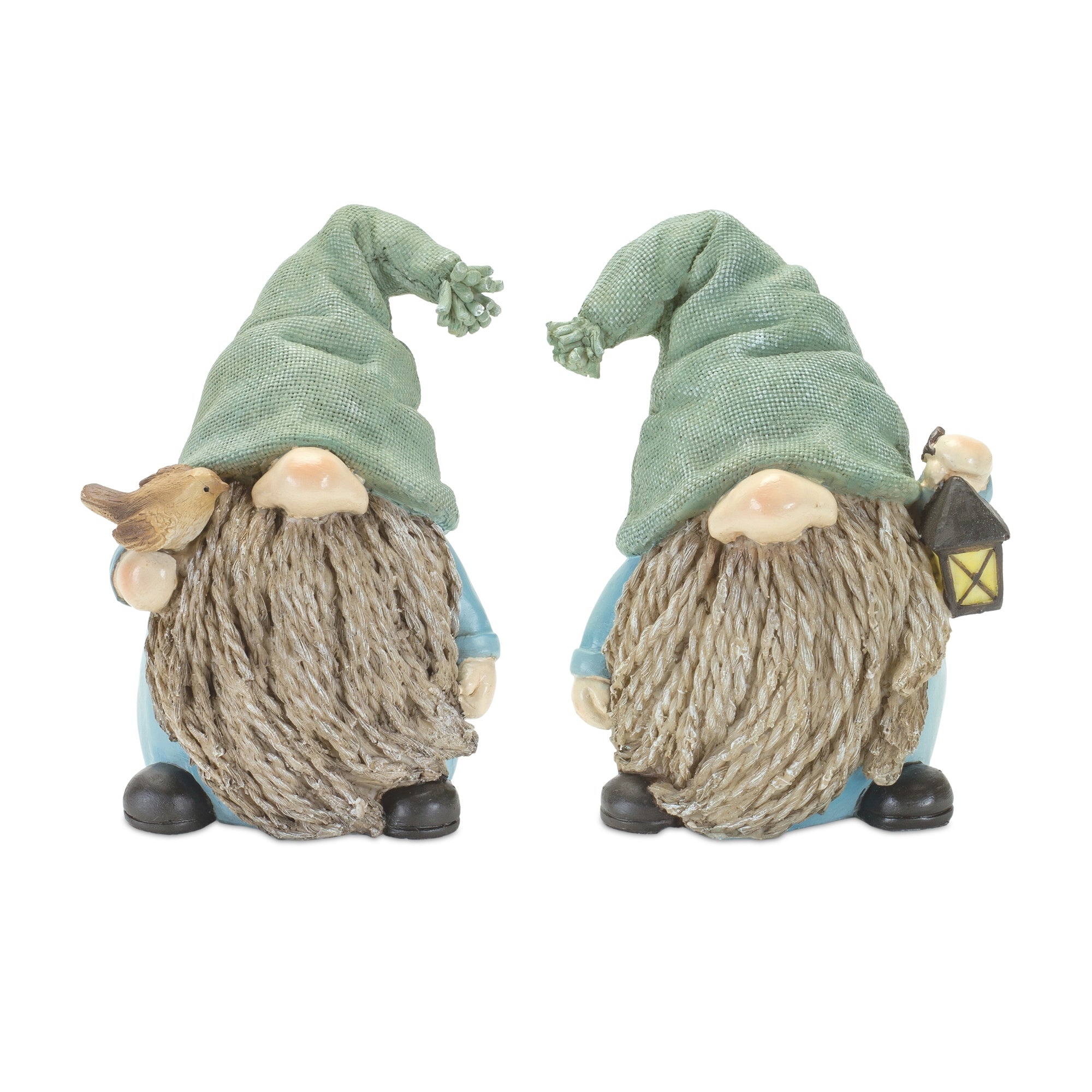 Stone Garden Gnome Figurine with Bird and Lantern Accent (Set of 4)