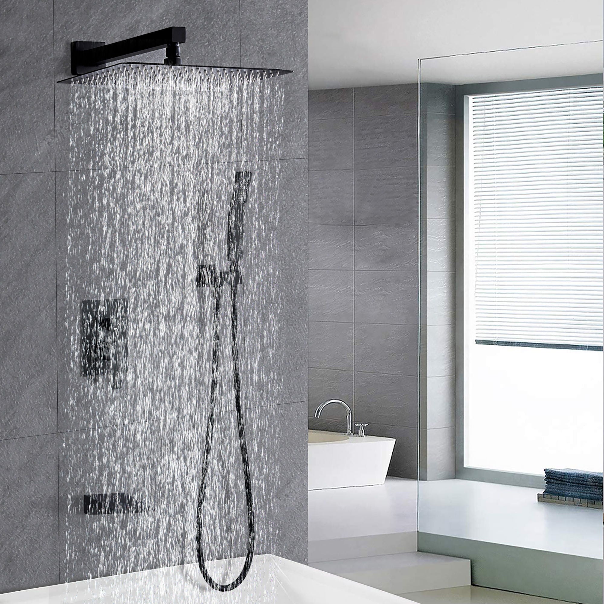All Metal Tub Shower Faucet Set With 12" Rain Shower Head And Handheld Spray Combo, Wall Mounted - Matte Black