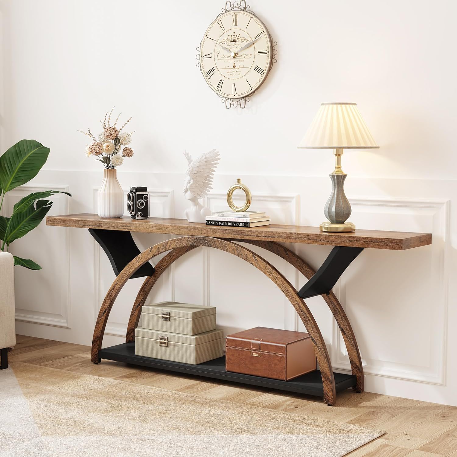 Console Table With 2 Tier Storage And Half Moon Frame For Hallway - Brown / Black