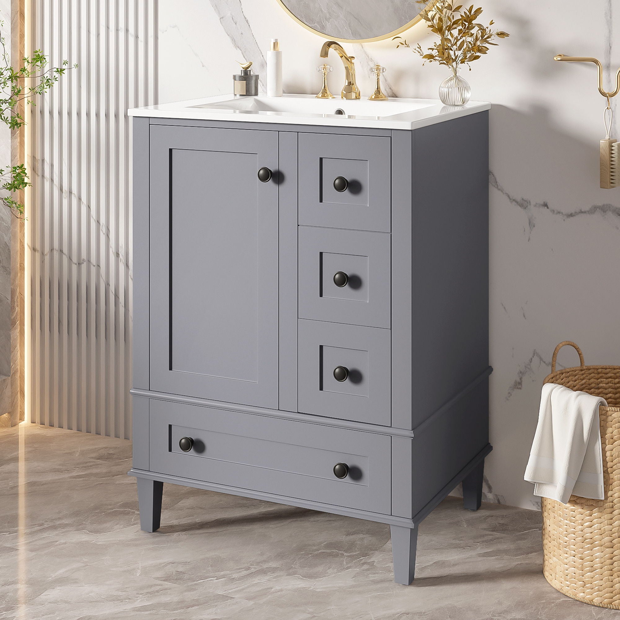 Bathroom Vanity With Integrated Basin, Soft Close Drawers, Door Mounted Double Layer Shelf