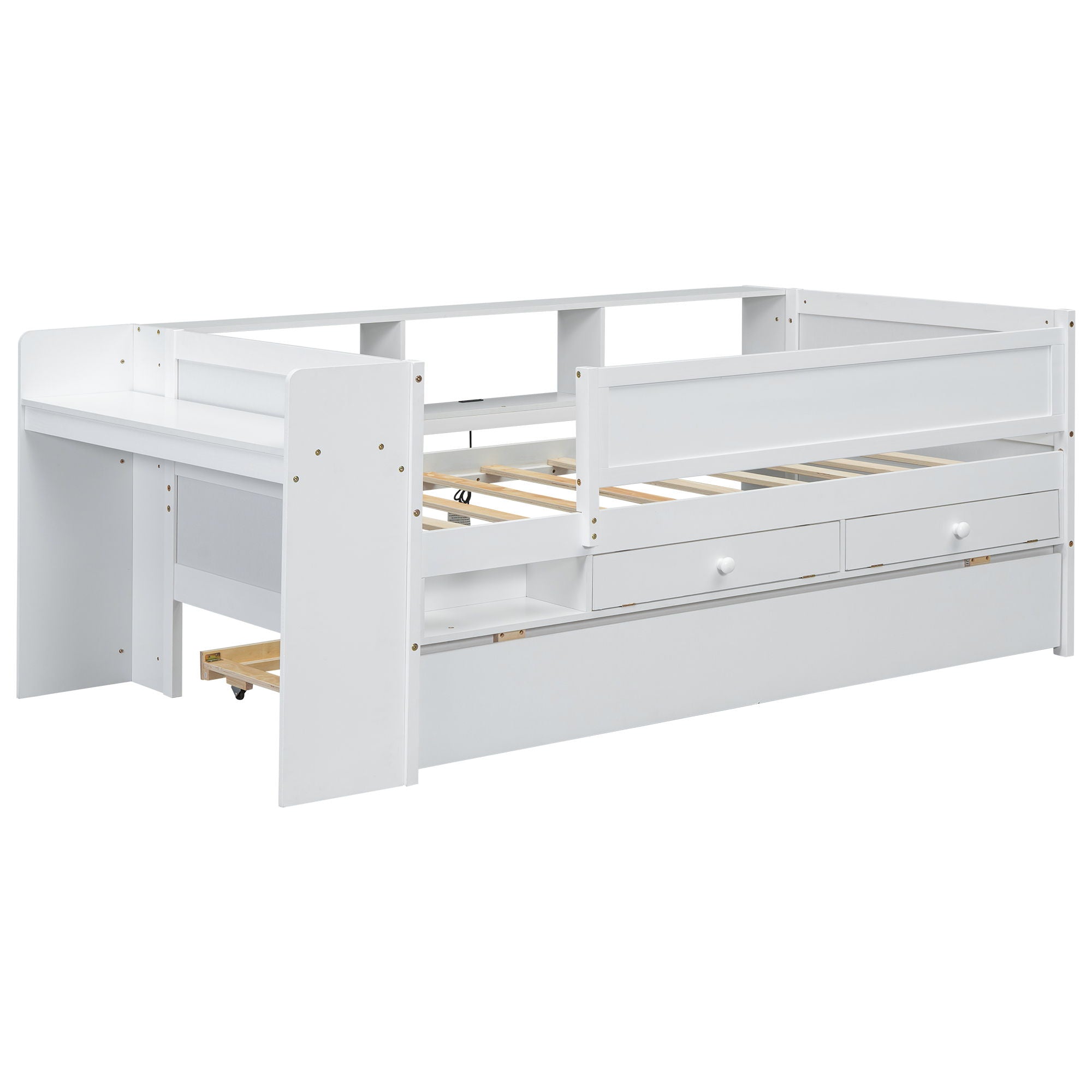 Twin Daybed With Drawers, Trundle, Headboard Storage, Study Desk, And USB Charging Station - White