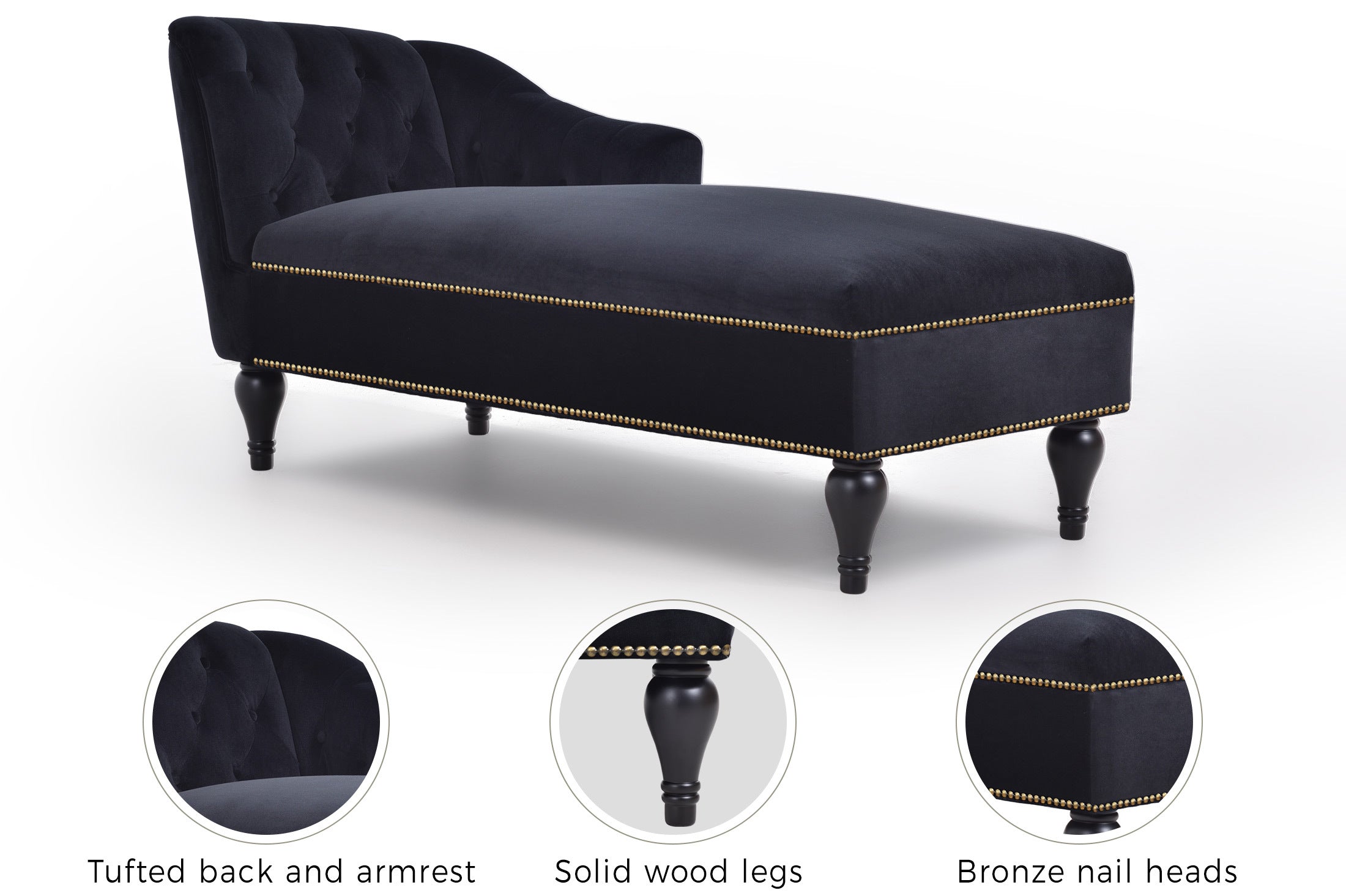 58" Velvet Chaise Lounge with Nailhead Trim and Solid Wood Legs