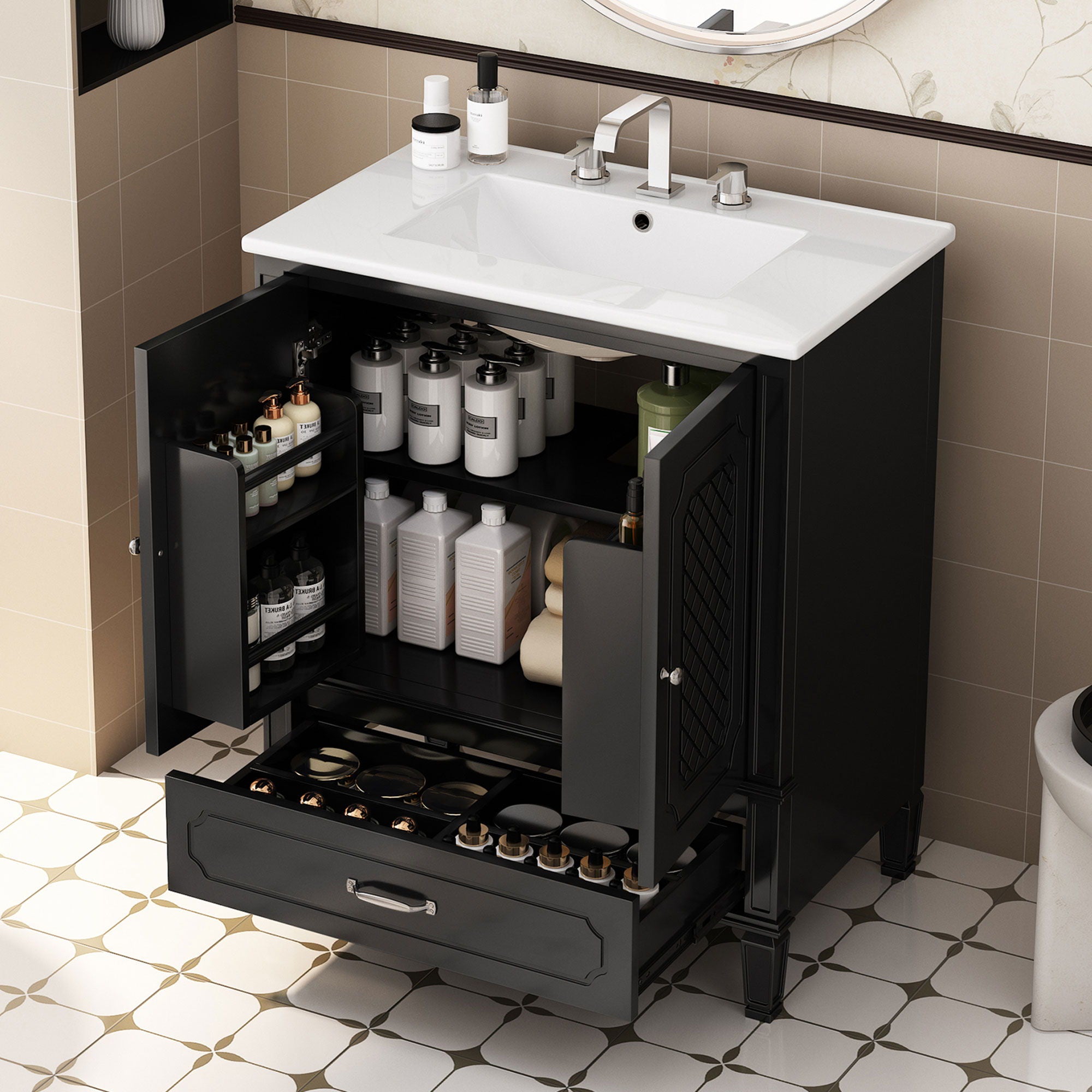 Vintage Style Bathroom Vanity With Sink, Multi Functional Storage, Soft-Closing Door - Best Buy Furniture