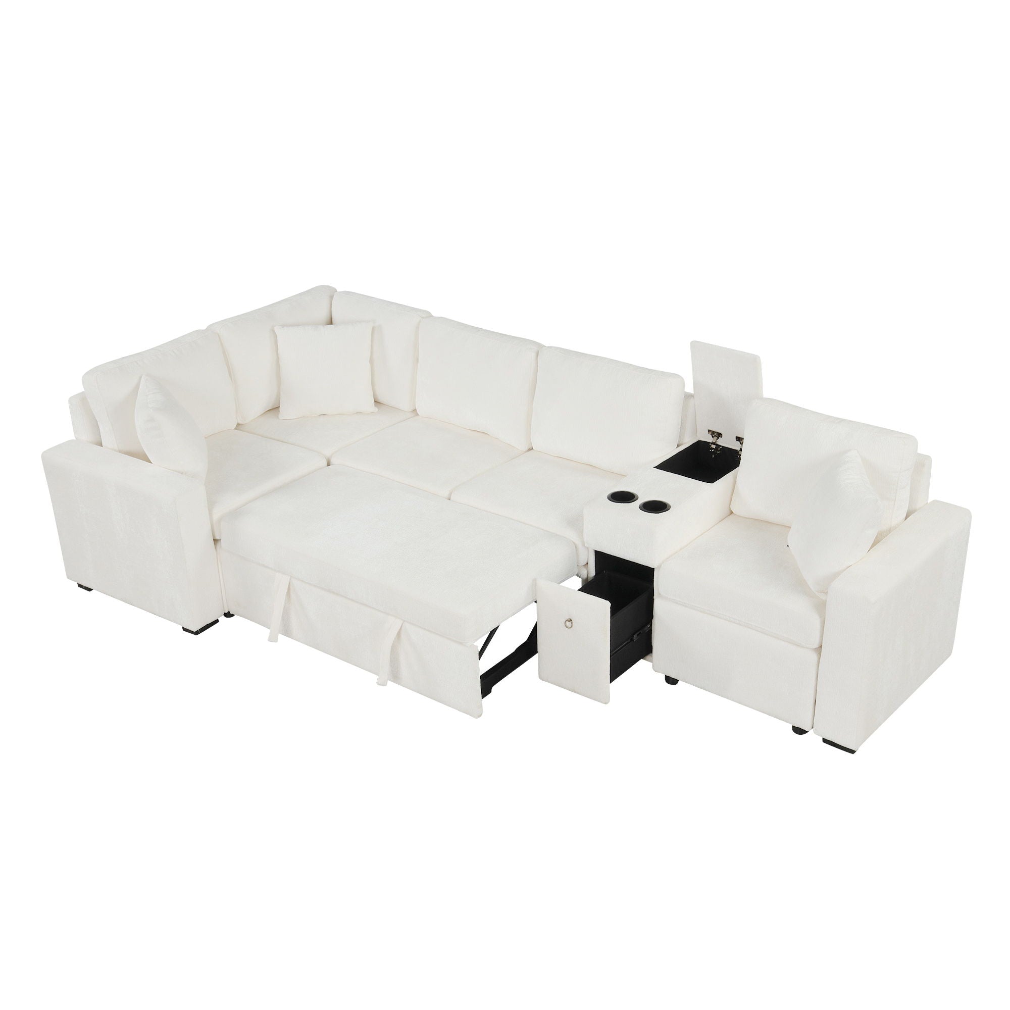 Modular L-Shaped Sectional Sofa Bed With Pull-Out Sleeper, Cup Holders, And Storage