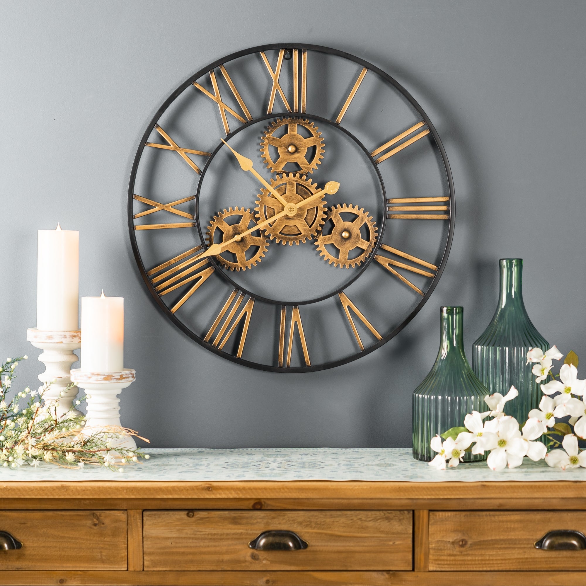 Industrial Iron Gears Wall Clock with Roman Numerals 23.75"D