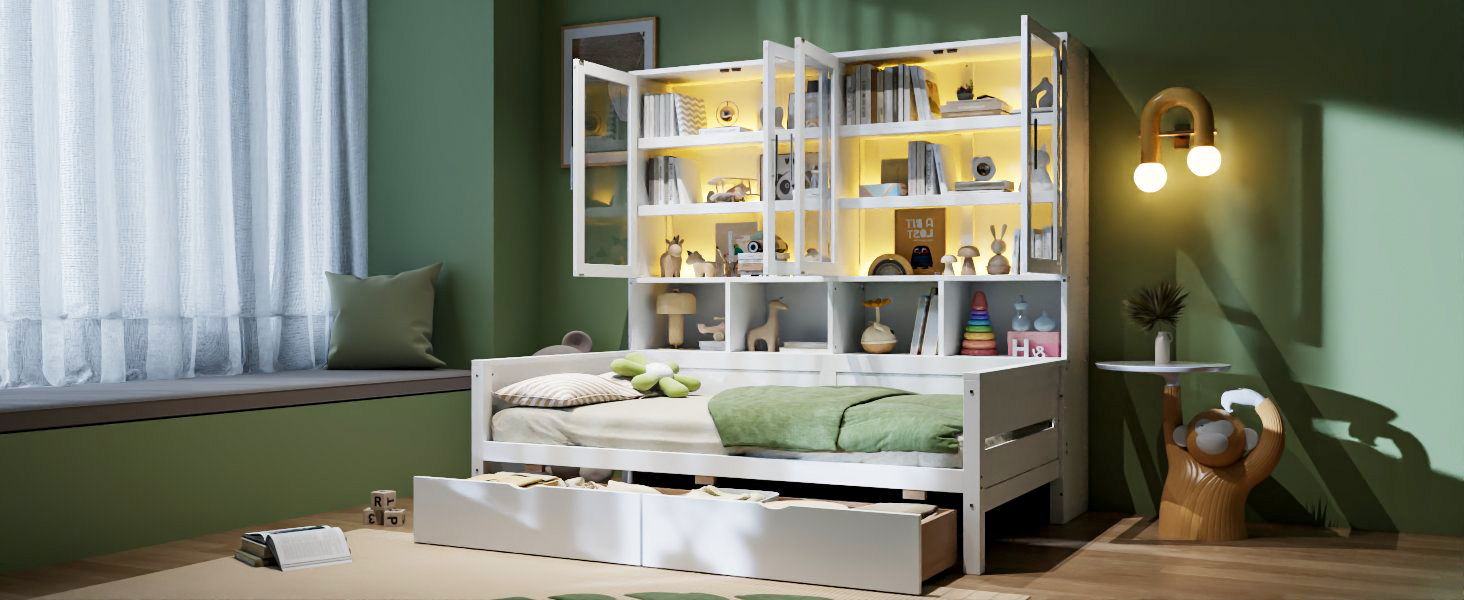 Daybed With Glass Door Storage Cabinets, Built In LED Lighting And Shelves
