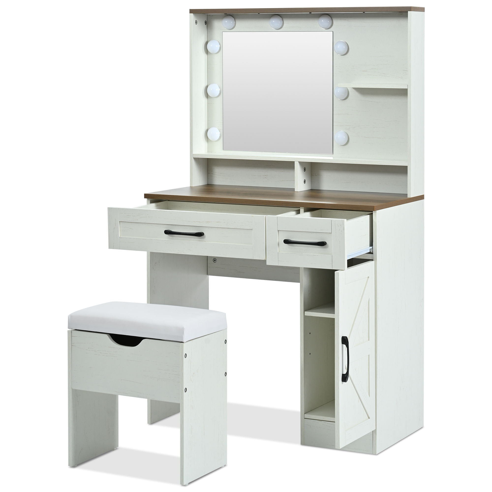 Farmhouse Makeup Vanity Desk With Mirror And Lights, 3 Lighting Modes, Vanity Set With Stool, Dressing Table With Adjustable Shelves, 2 Drawers And Side Cabinet For Bedroom - White - Best Buy Furniture