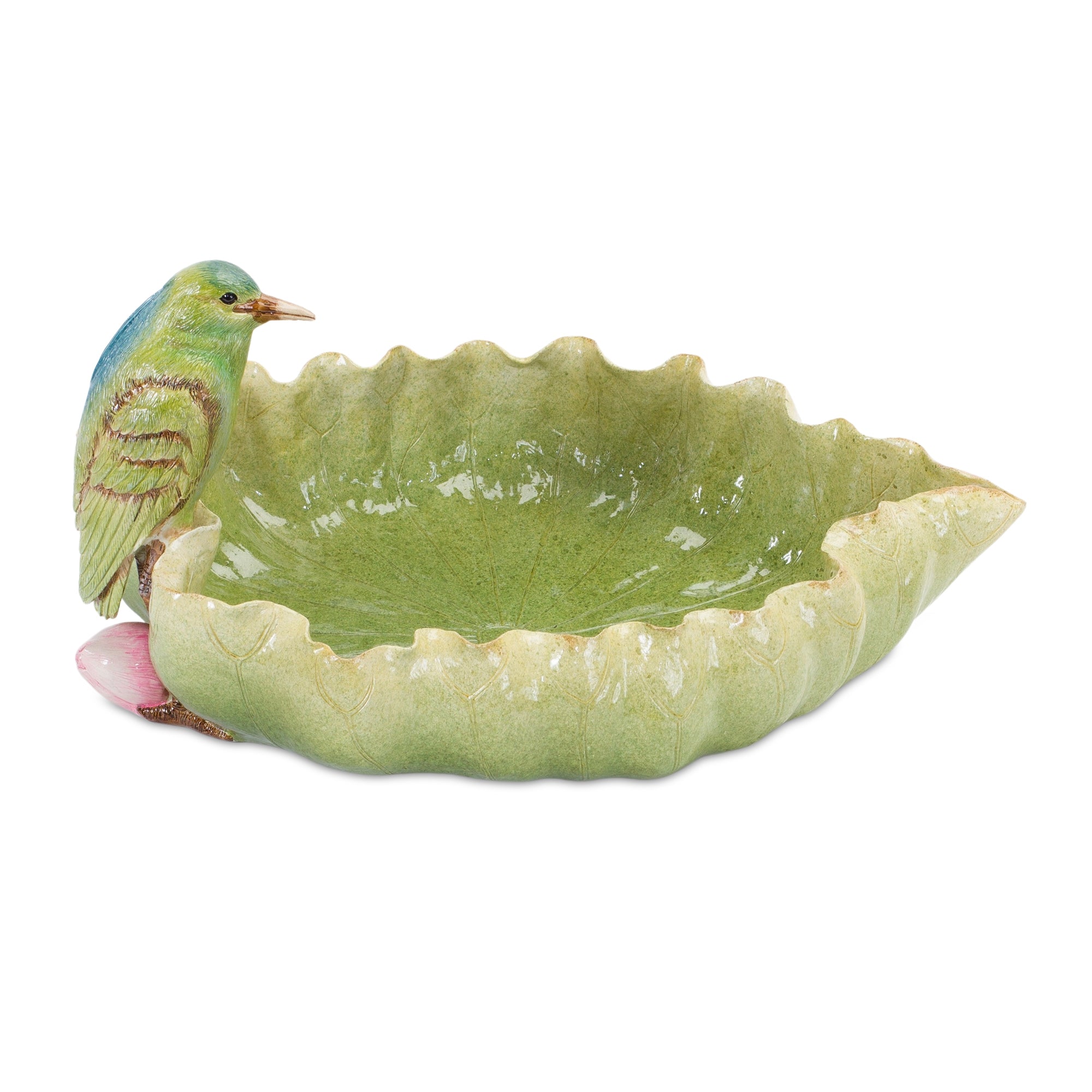 Stone leaf bird bath with hummingbird accent 10"l