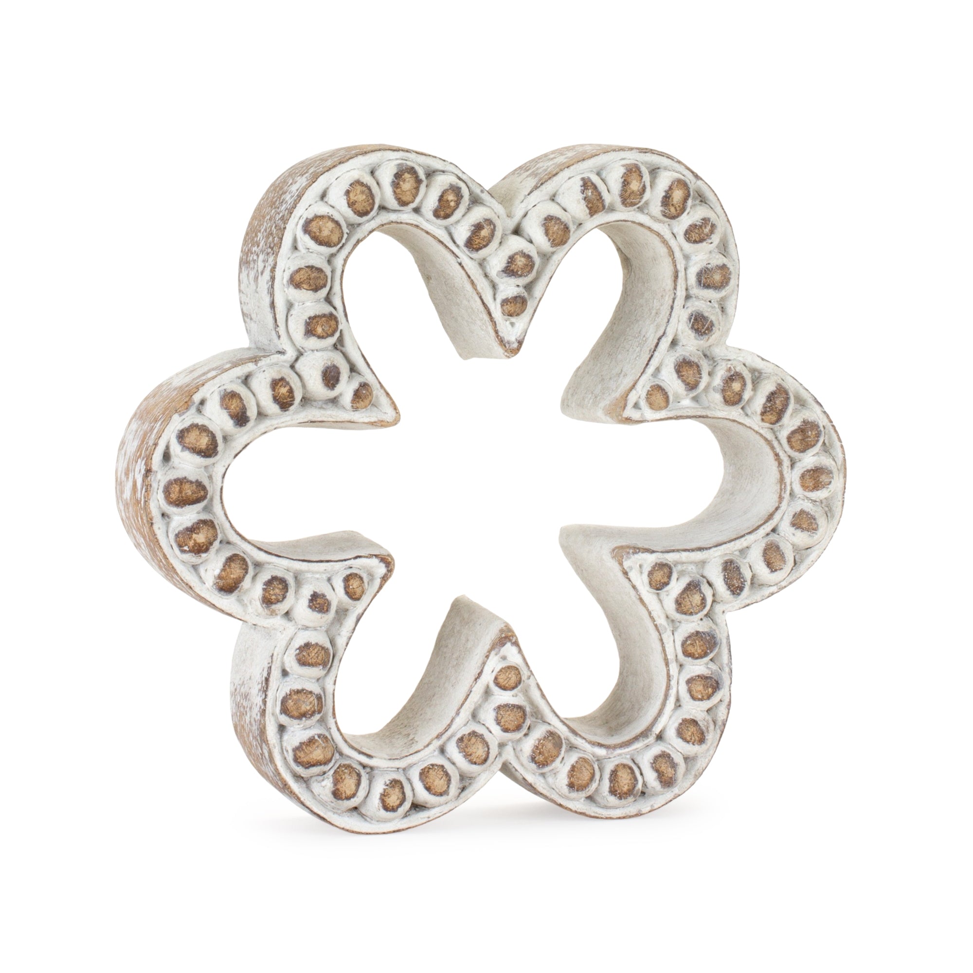 Stone Beaded Flower Shelf Sitter with White Washed Finish (Set of 3)