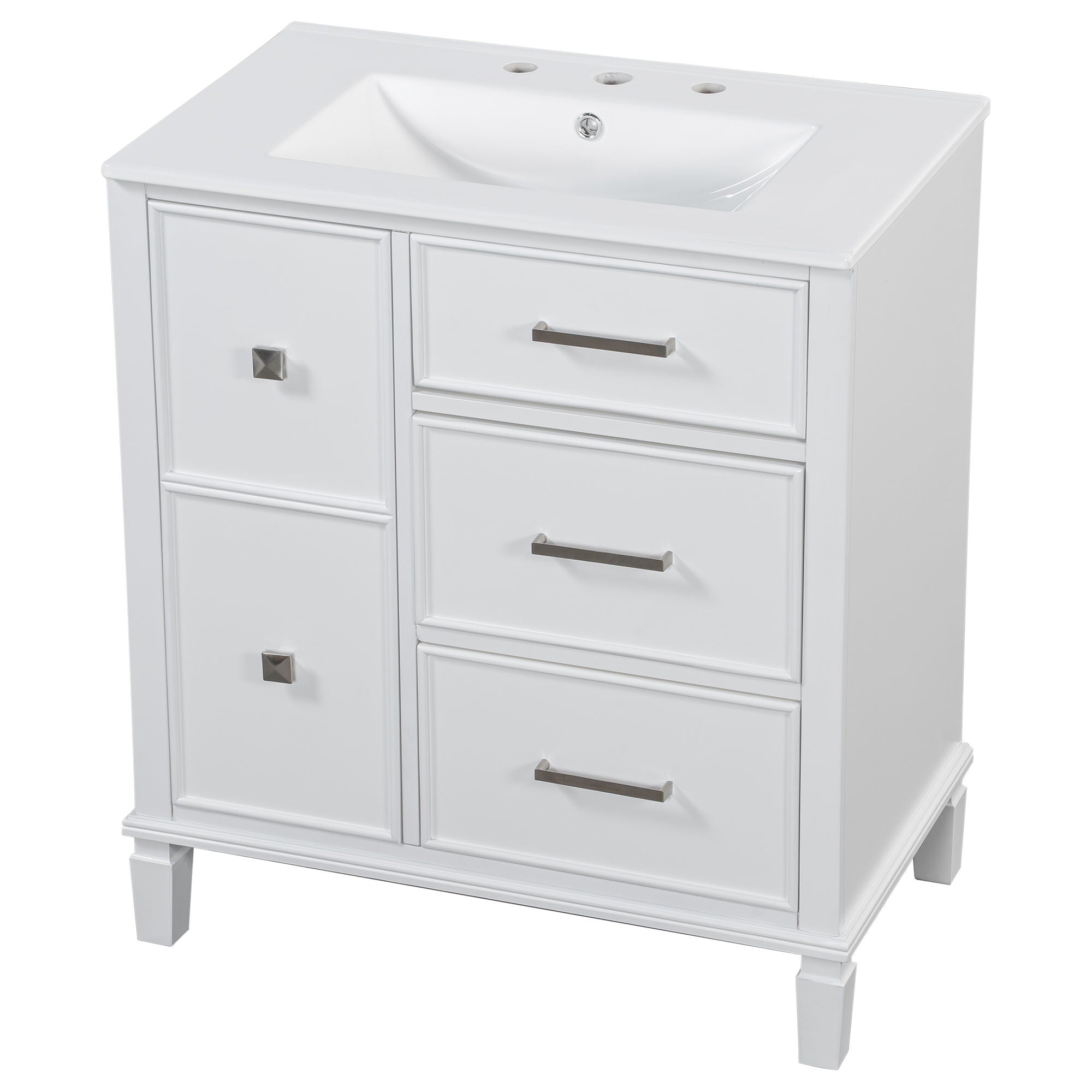 Bathroom Vanity With Ceramic Sink, Flip Out Drawer Design For Plumbing, Soft Close Drawers