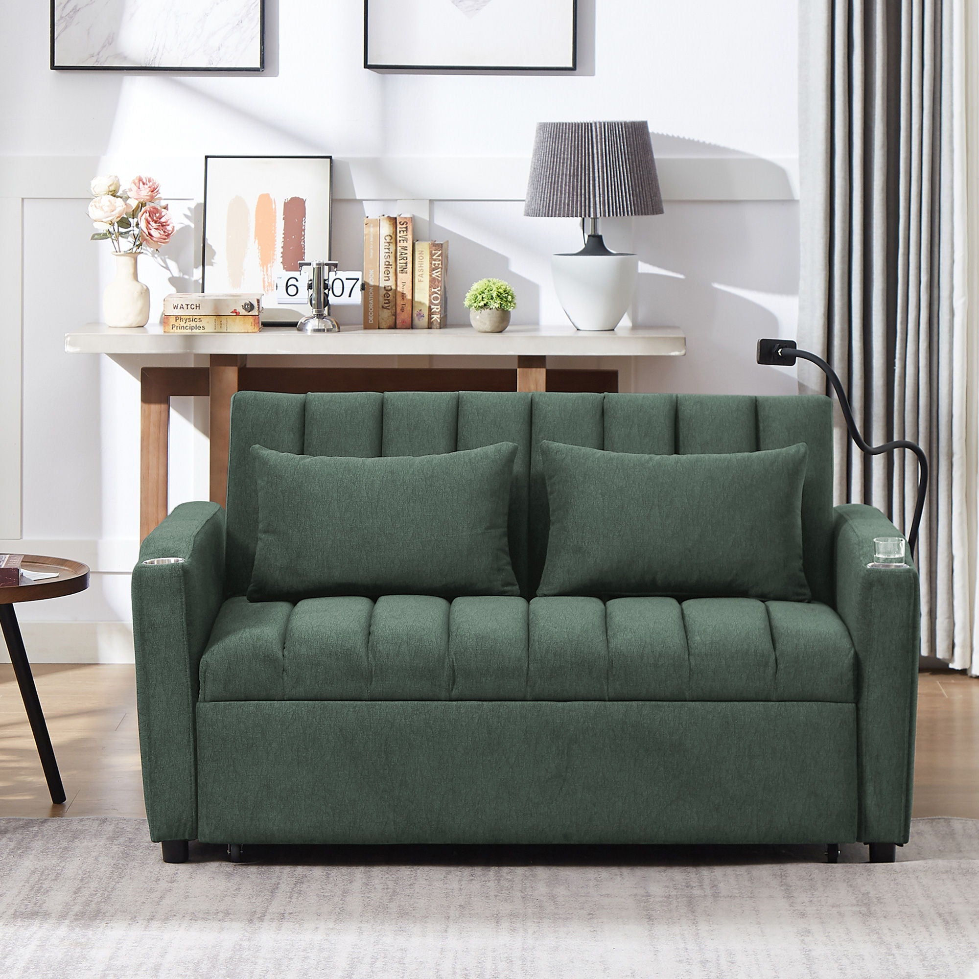 Convertible Sofa Bed Loveseat Sofa With Three USB Ports, Two Side Pockets, Two Cup Holders And 360° swivel Phone Holder For Living Room