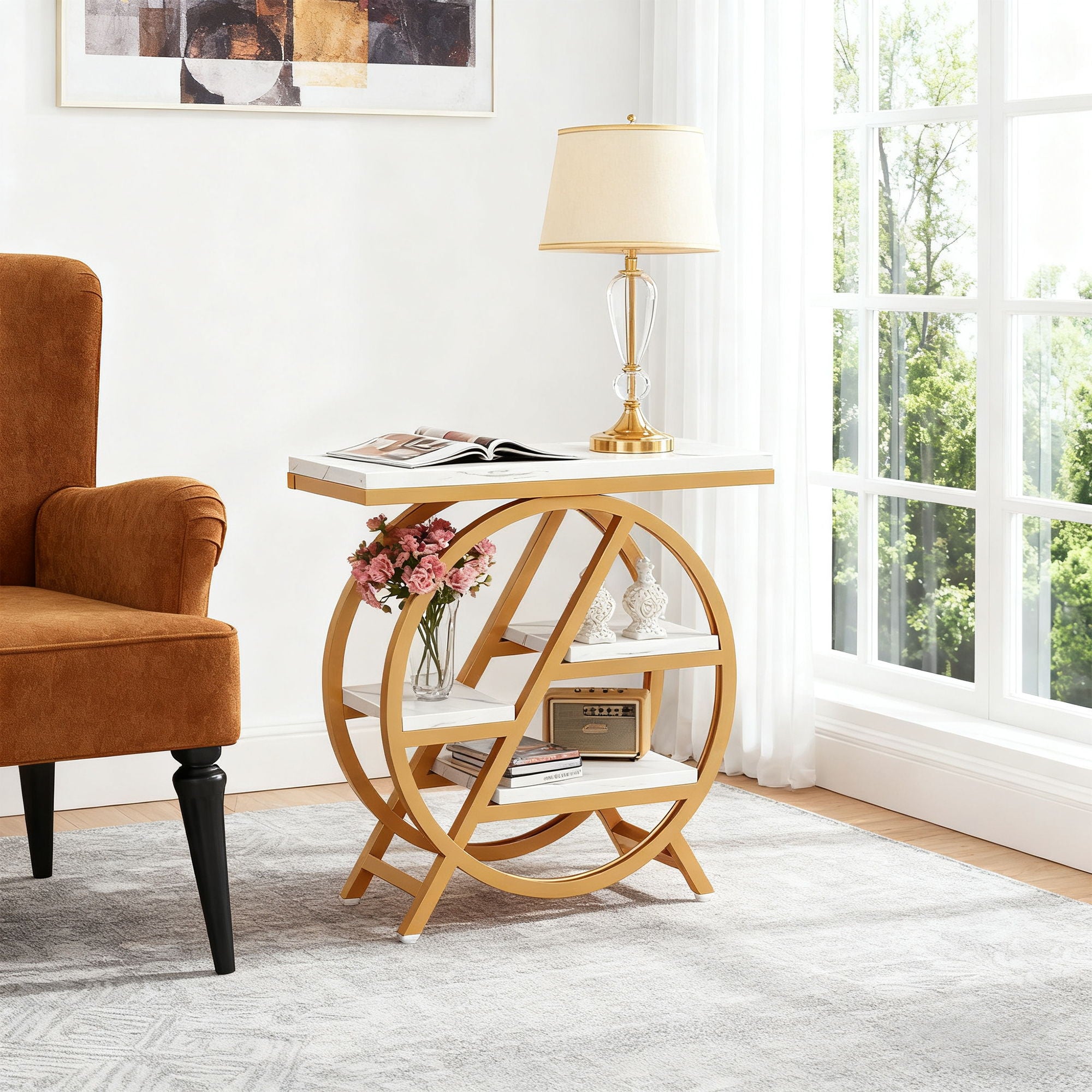 Modern Narrow End Table With 3 Tier Shelves