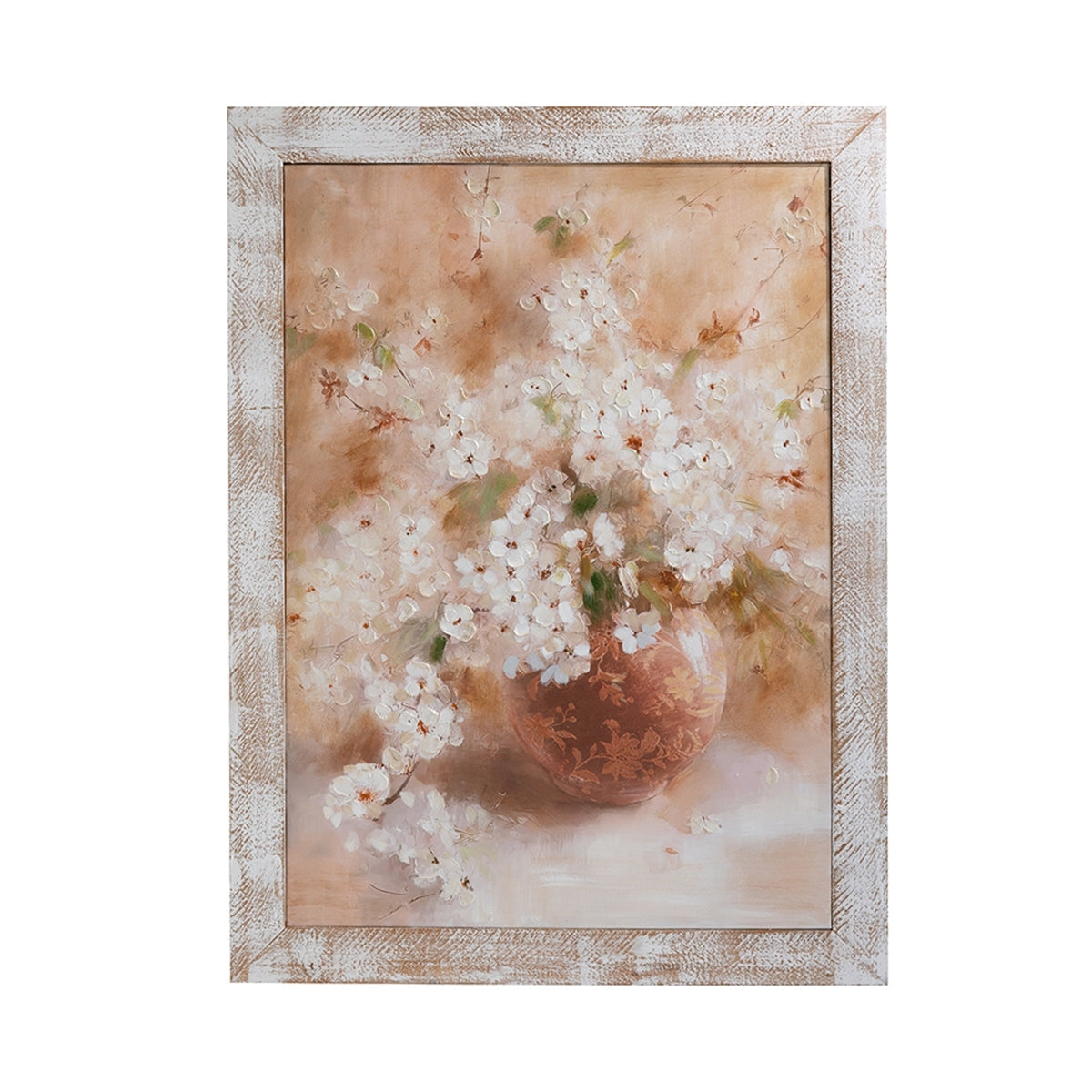 Hand-Painted Still Life Blossom Wall Art with Distressed Fir Wood Frame