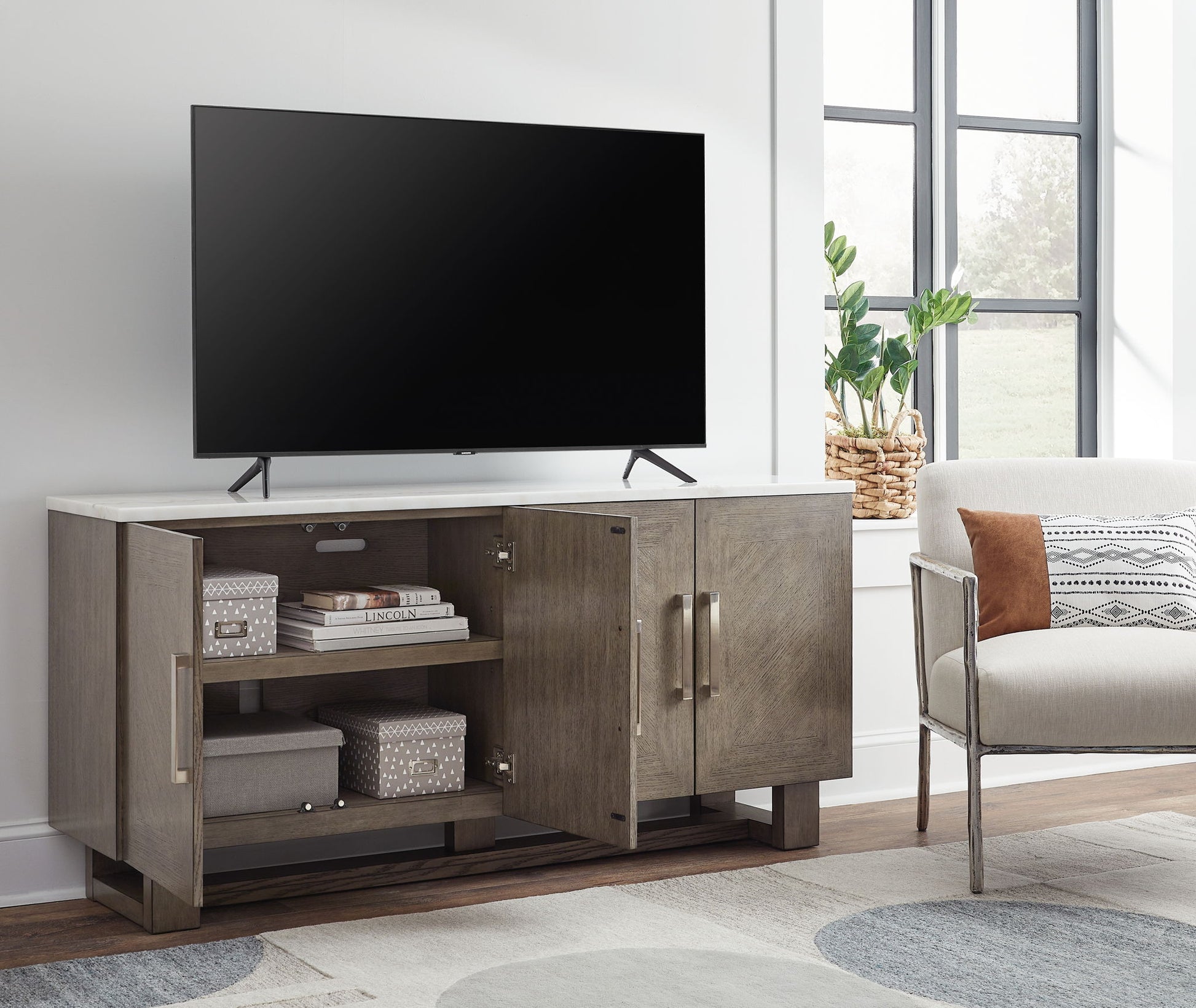 Loyaska - Extra Large TV Stand - Grayish Brown / White - Best Buy Furniture
