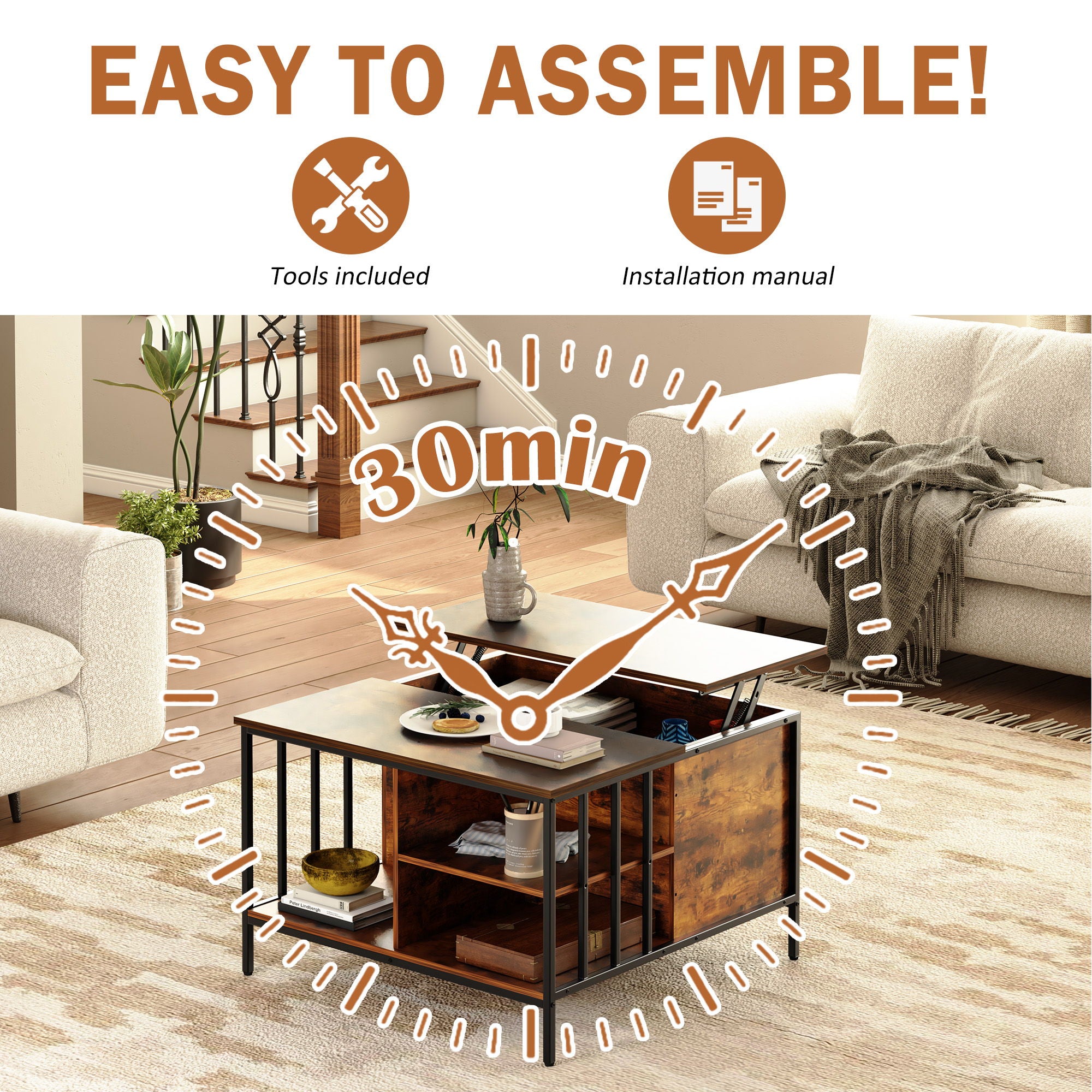 Lift Top Coffee Table With Storage, Adjustable Height Living Room - Black / Brown