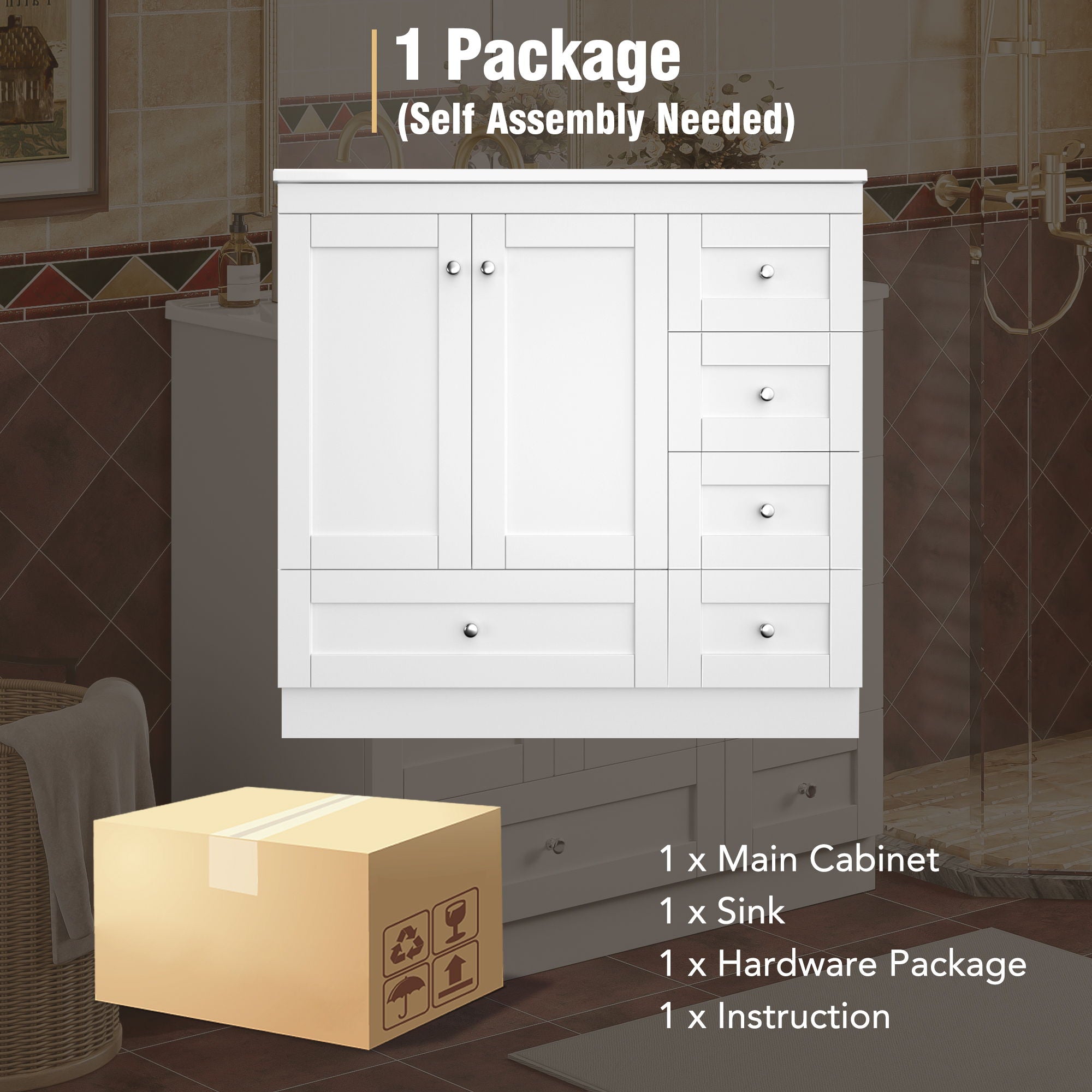 Shaker Free Standing Bathroom Vanity Cabinet With Sink, Soft Close Drawers And Doors - White