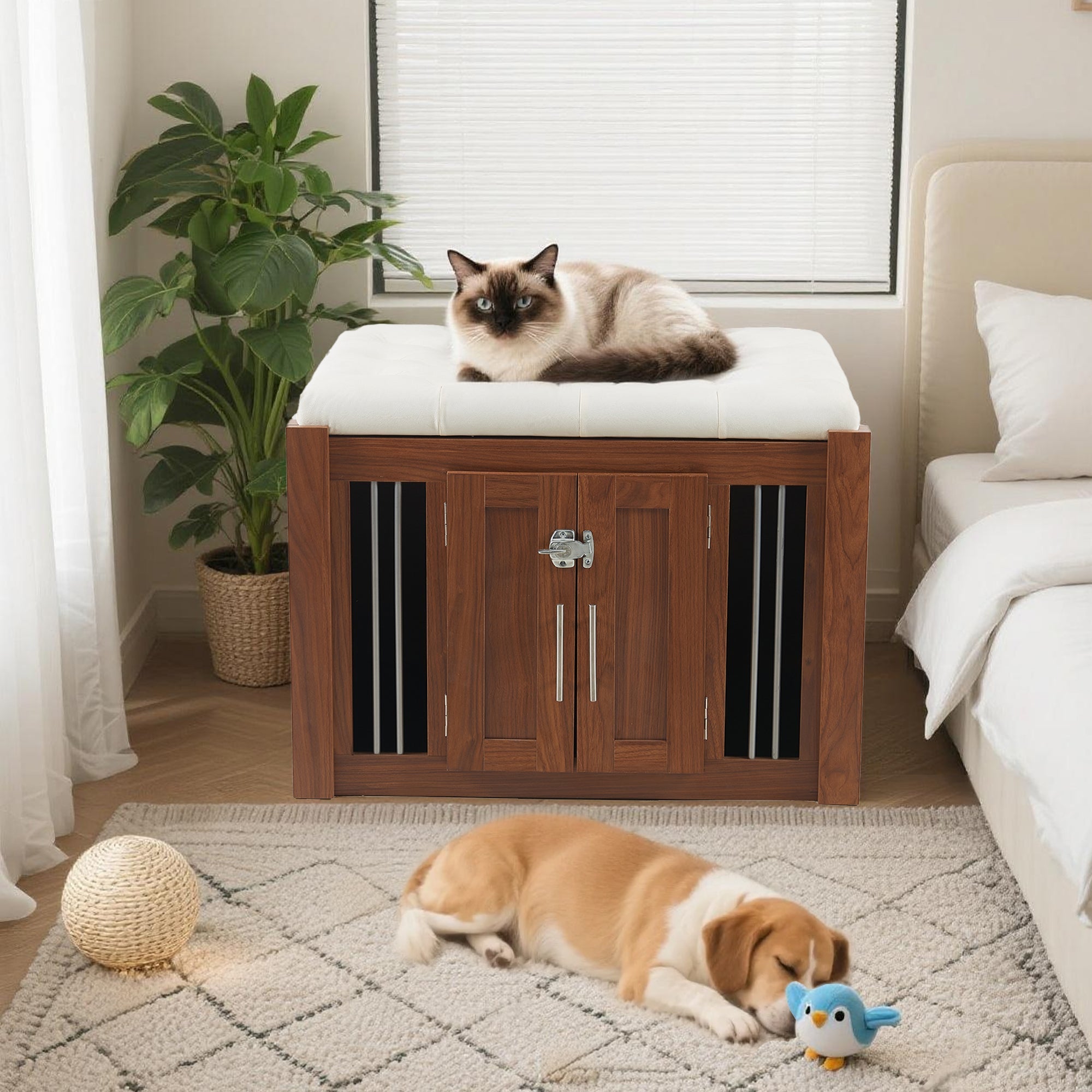 2 in 1 Walnut Dog Crate Nightstand with Storage
