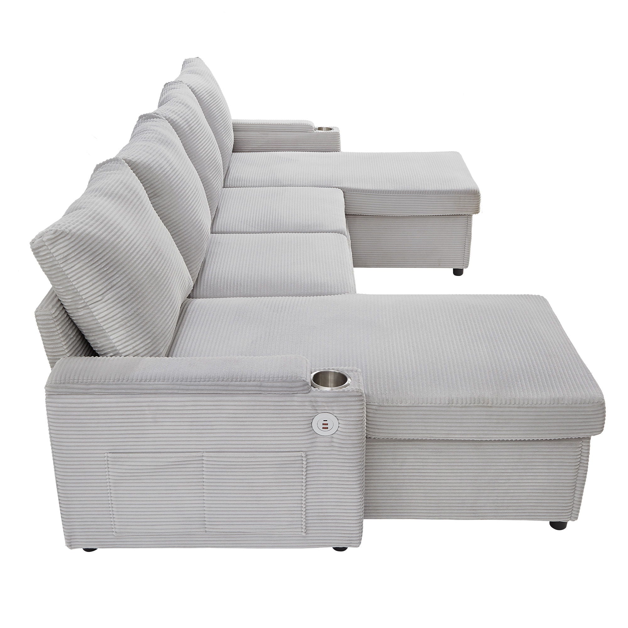 U Shaped Sectional Sofa Bed With Storage Chaise Lounges, USB Ports, And Cup Holders
