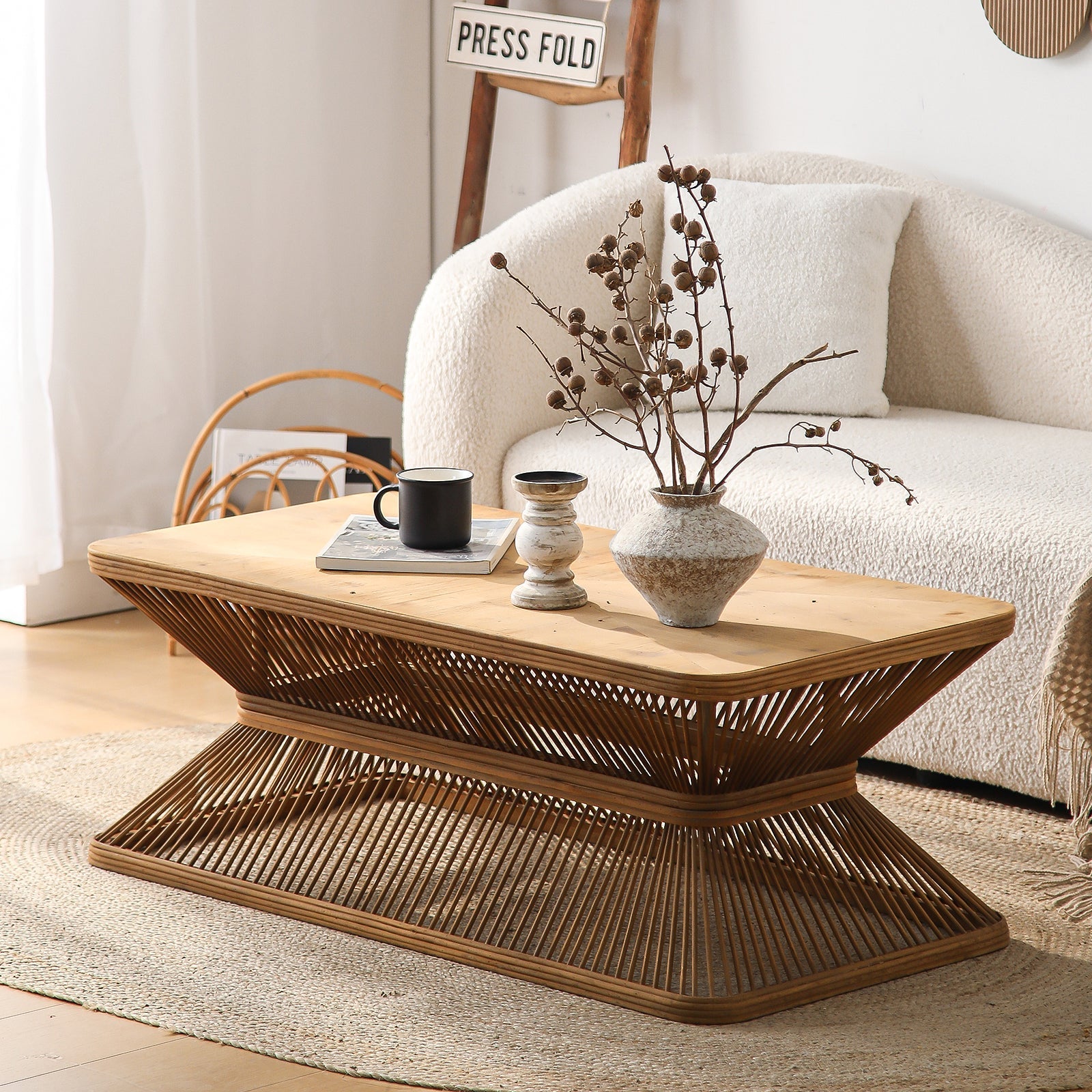Mid-Century Modern Coffee Table with Woven Bamboo Base