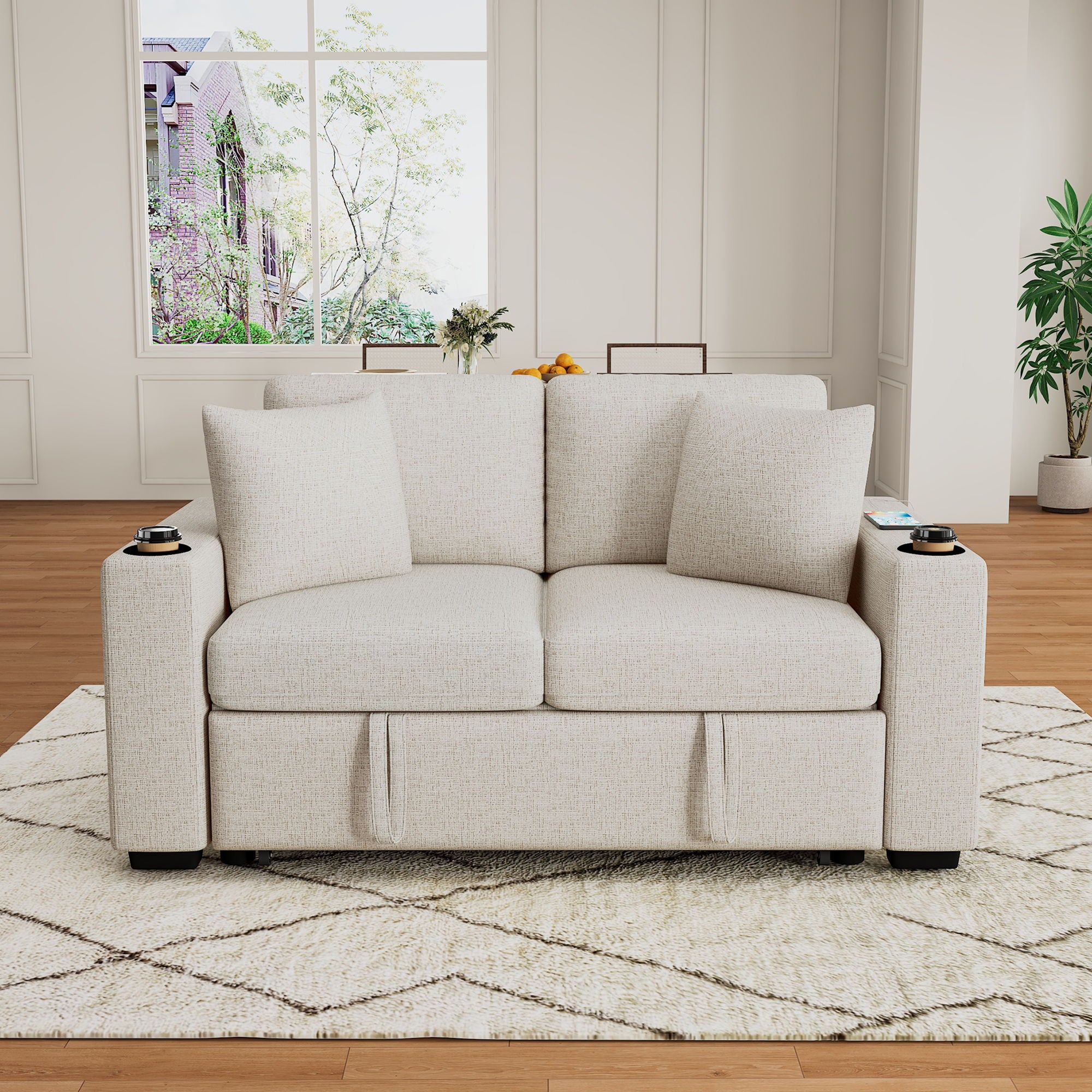 2 Seater Loveseat Sofa With Pull Out Bed, USB Charging, Dual Cup Holders - Beige