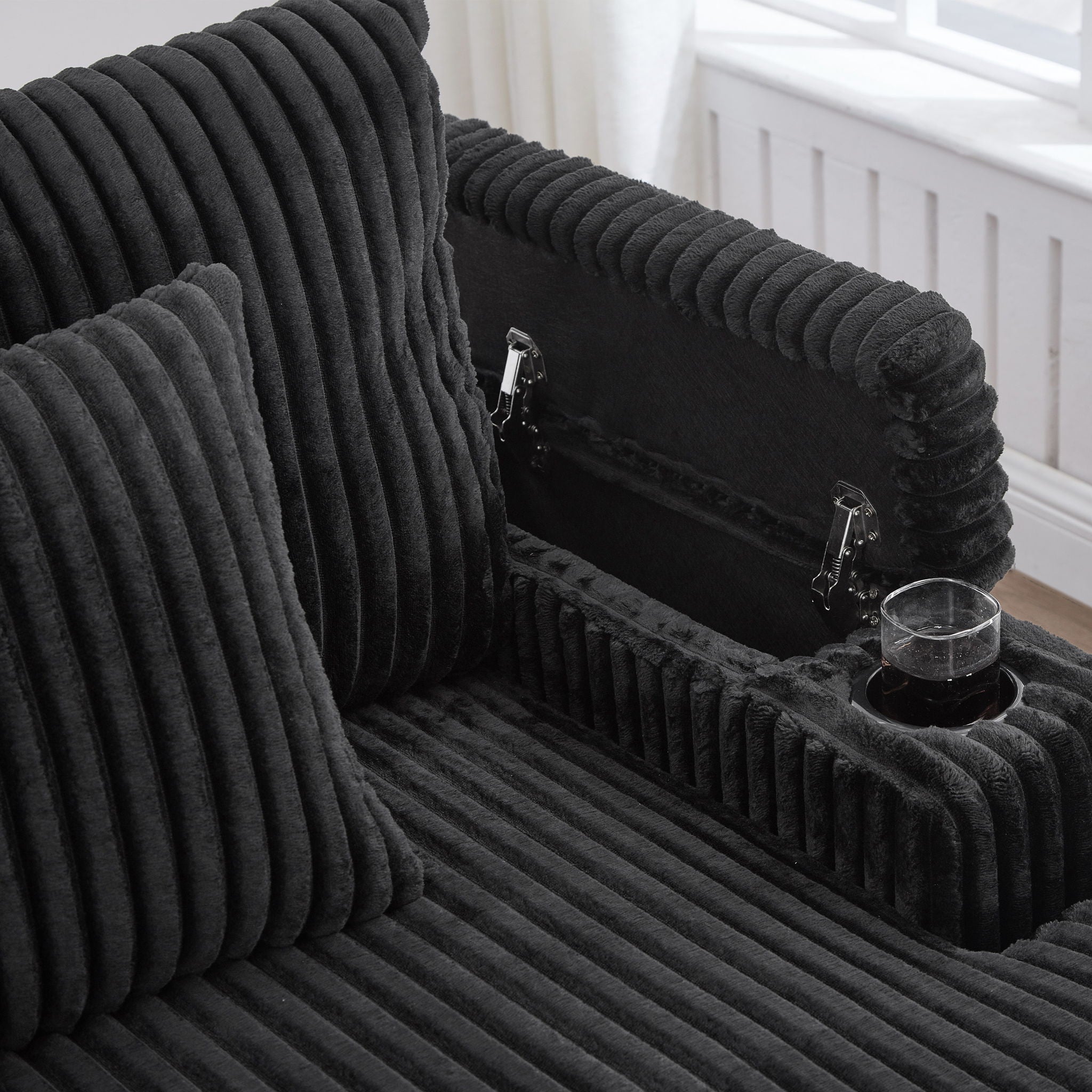 Modern Chaise Sofa With Adjustable Backrest, Cup Holders, Phone Holder & Storage Compartments For Living Room