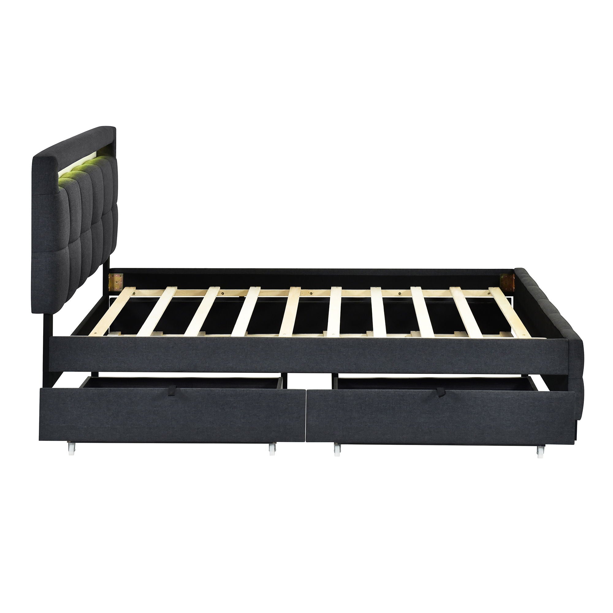 Upholstered Platform Bed With LED Frame, With Trundle And 2 Drawers